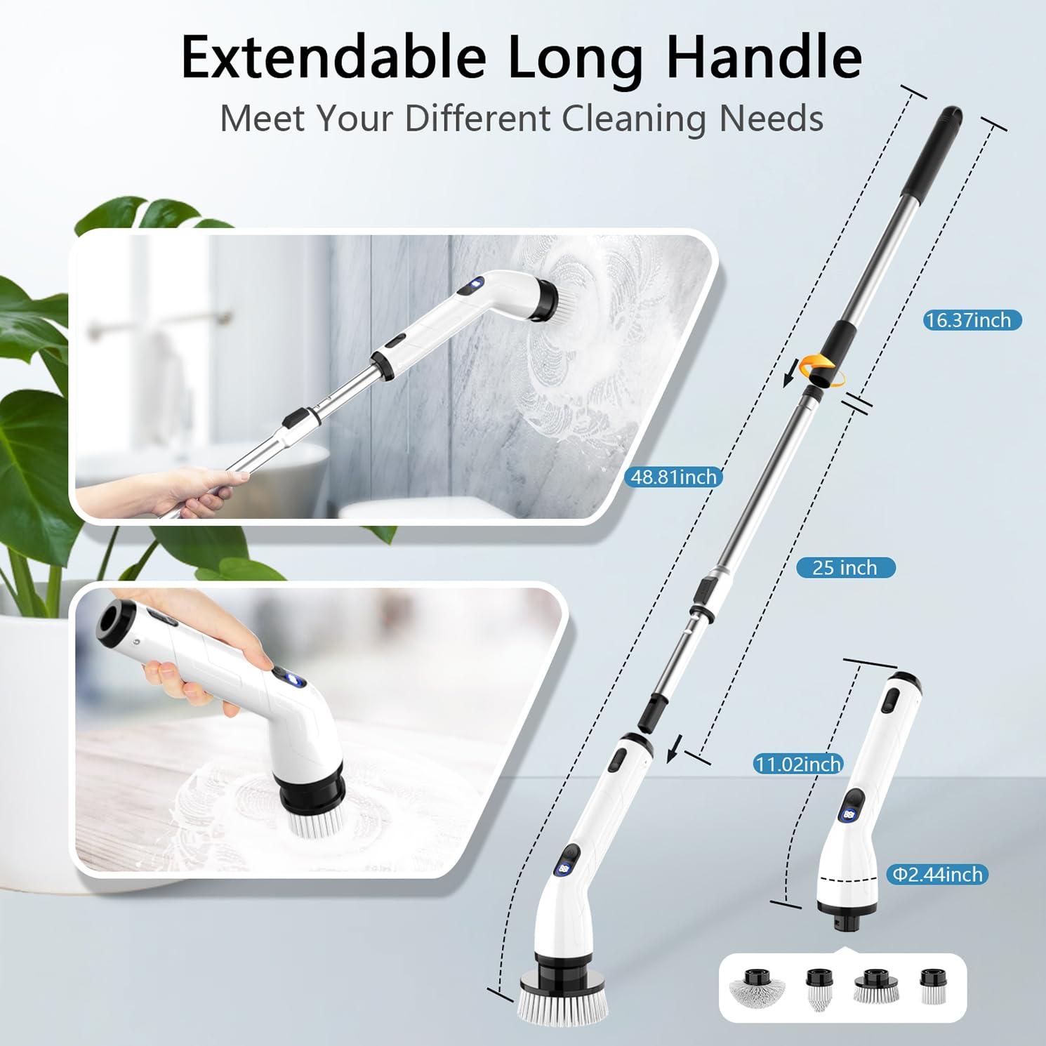 TUYU Electric Spin Scrubber, Full-Body IPX7 Waterproof Bathroom Scrubber with Power LCD Display, Adjustable Extension Handle, Cordless Shower Cleaner Brush for Bathtub Kitchen Wall Cleaning - Image 4