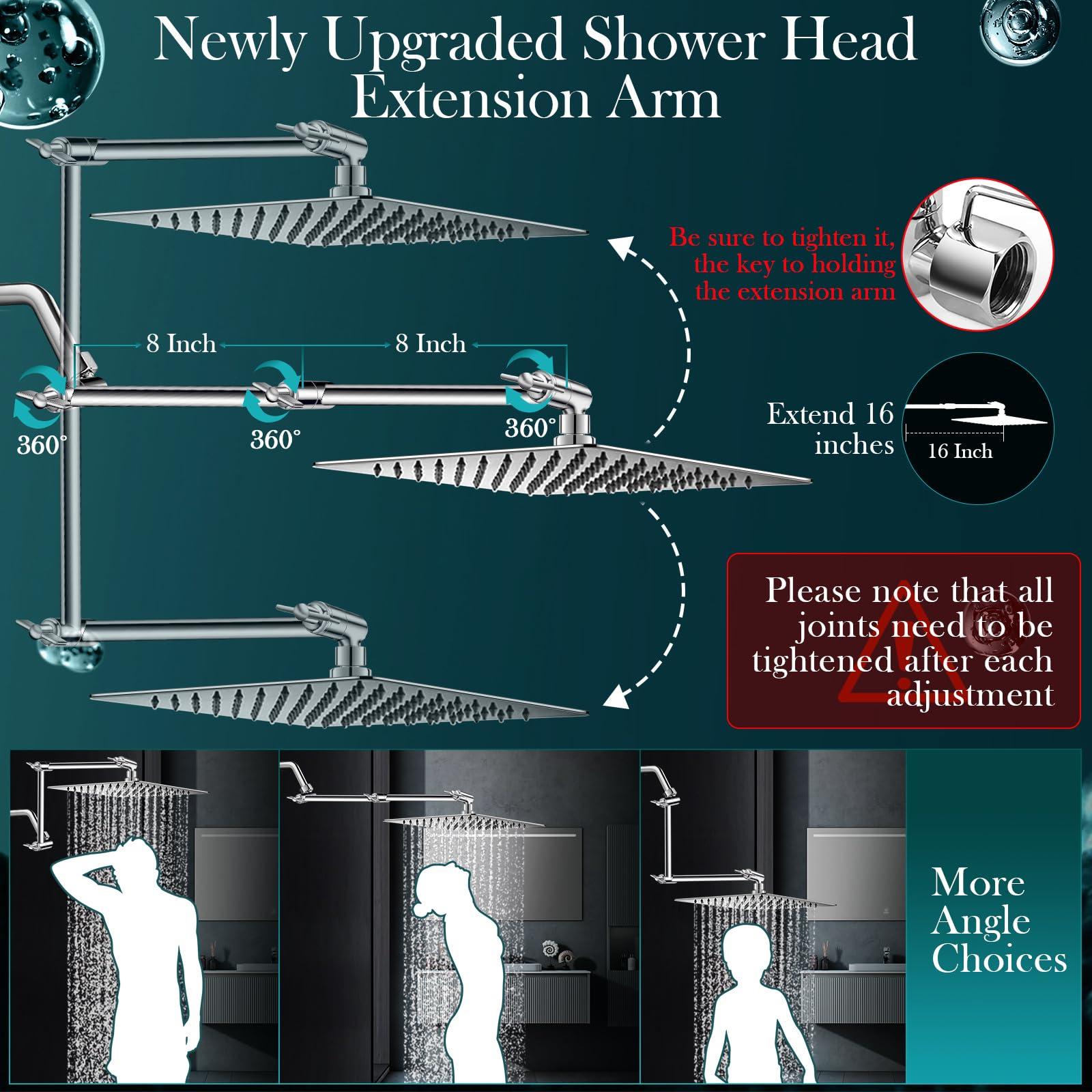 12'' Rain Shower Head Combo, High Pressure Rainfall Shower Head with 16'' Flexible Adjustment of Height/Angle Upgraded Extension Arm and 5 Setting Spray Handheld Shower Head, Anti-leak (Chrome) - Image 3