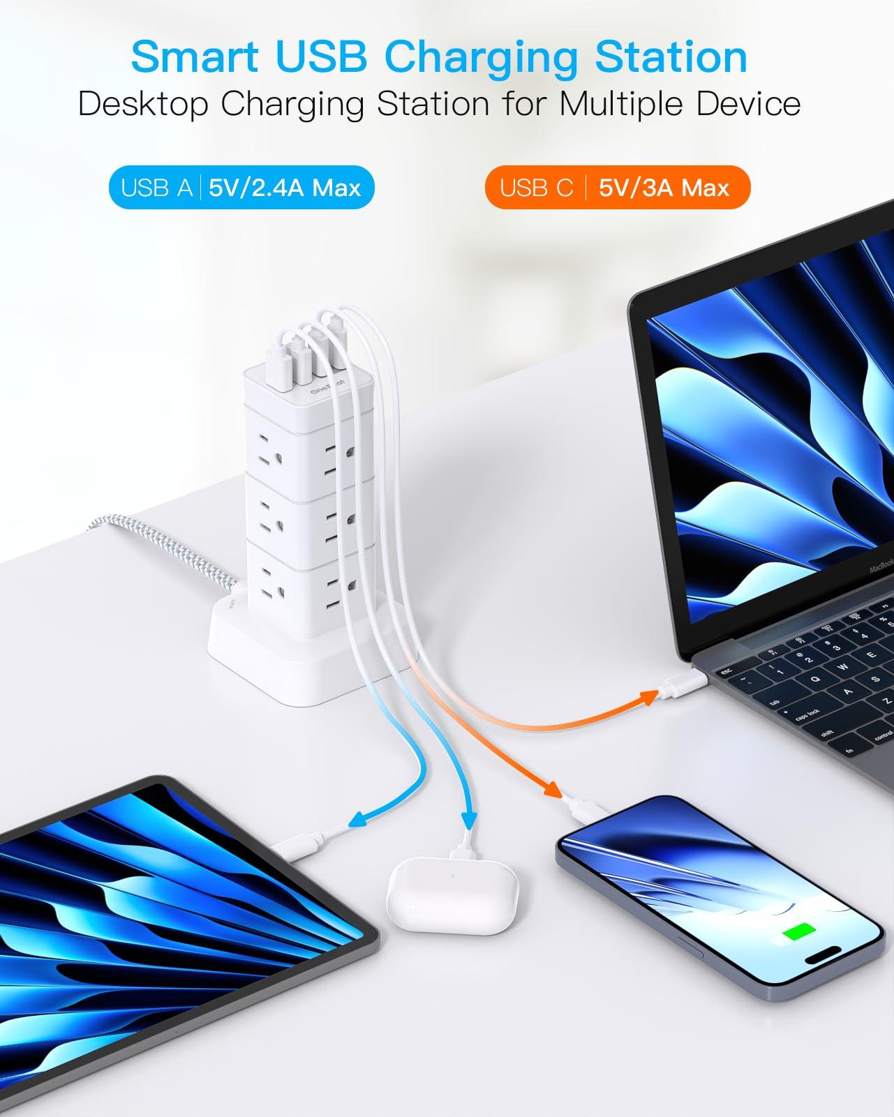 Surge Protector Power Strip Tower, 12 Outlets 4 USB (2 USB C), 6Ft Flat Plug Extension Cord with Multiple Outlets, Desktop Charging Station for Multiple Devices, Office Desk College Dorm Essentials - Image 4