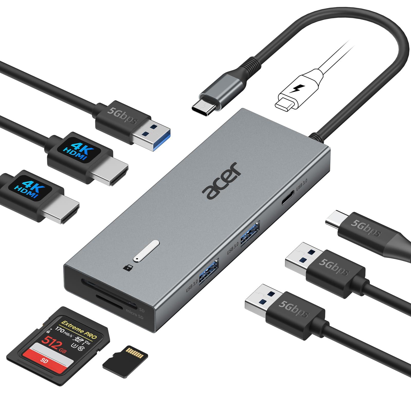Acer USB C Docking Station Dual HDMI Monitor, Laptop Multiport Adapter with 4K HDMI, USB A&C 3.0 Ports, SD/Micro SD, 100W PD Charging, USBC Dock Compatible with Mac/Acer/Dell XPS/HP/Surface etc