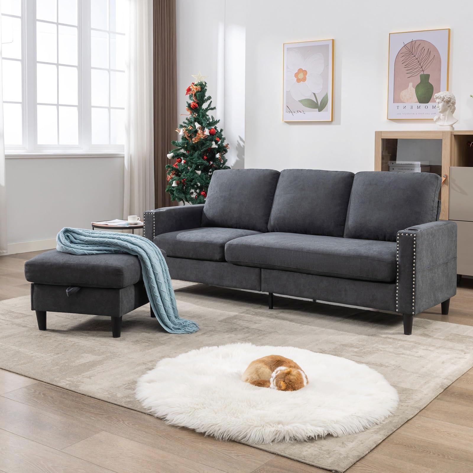 Siiejia Convertible Sectional Couches for Living Room, L-Shaped Couch 3 Seats Sofas with Storage Chaise & 2 Cup Holders, Small Sofa for Apartment, Compact Spaces, Dark Grey - Image 7