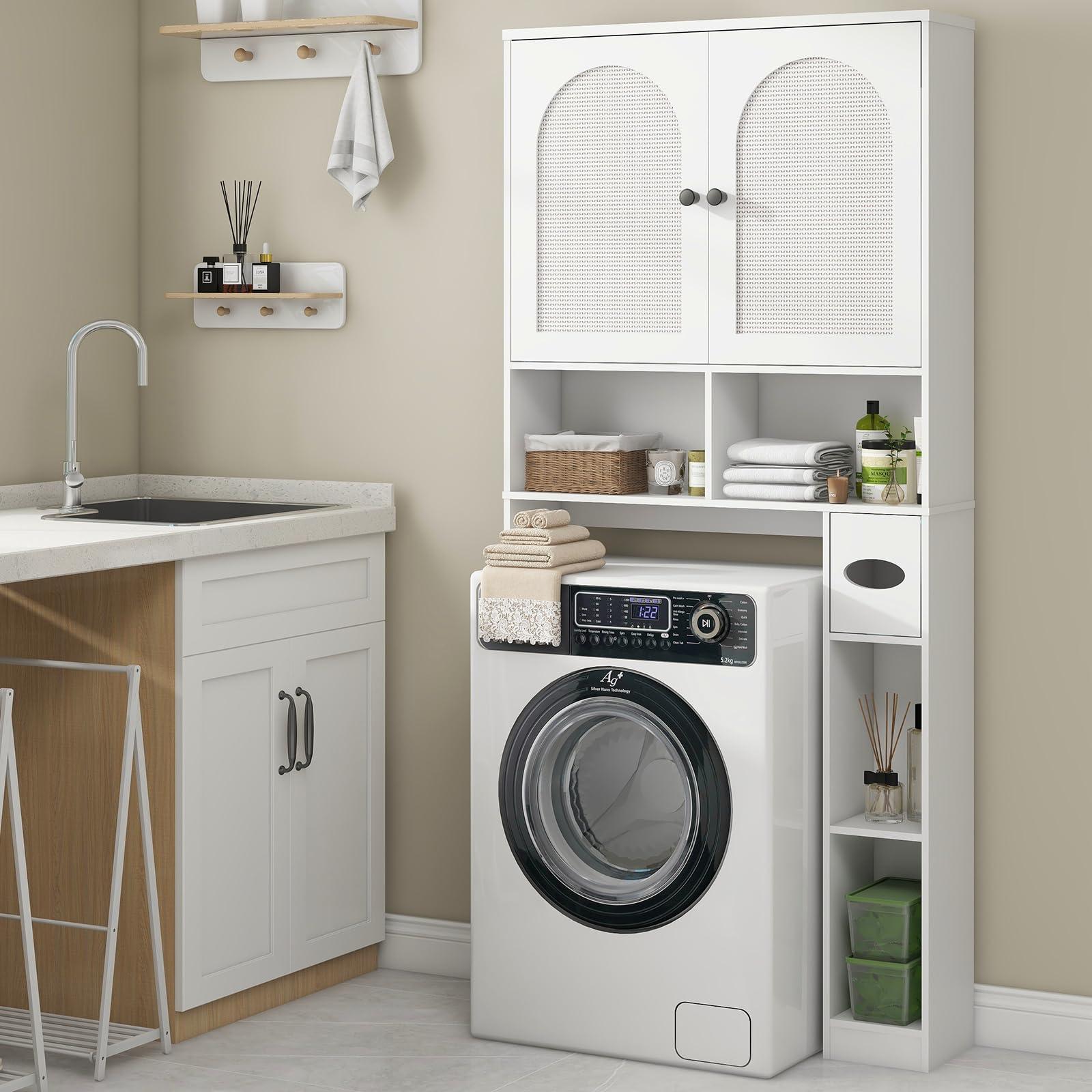 Vabches Over The Toilet Storage Cabinet, Rattan Storage Cabinet Over Toilet with 2 Doors & Toilet Paper Holder Stand, Freestanding Toilet Shelf Space Save with Anti-Tip Design Adjustable Shelf, White - Image 4