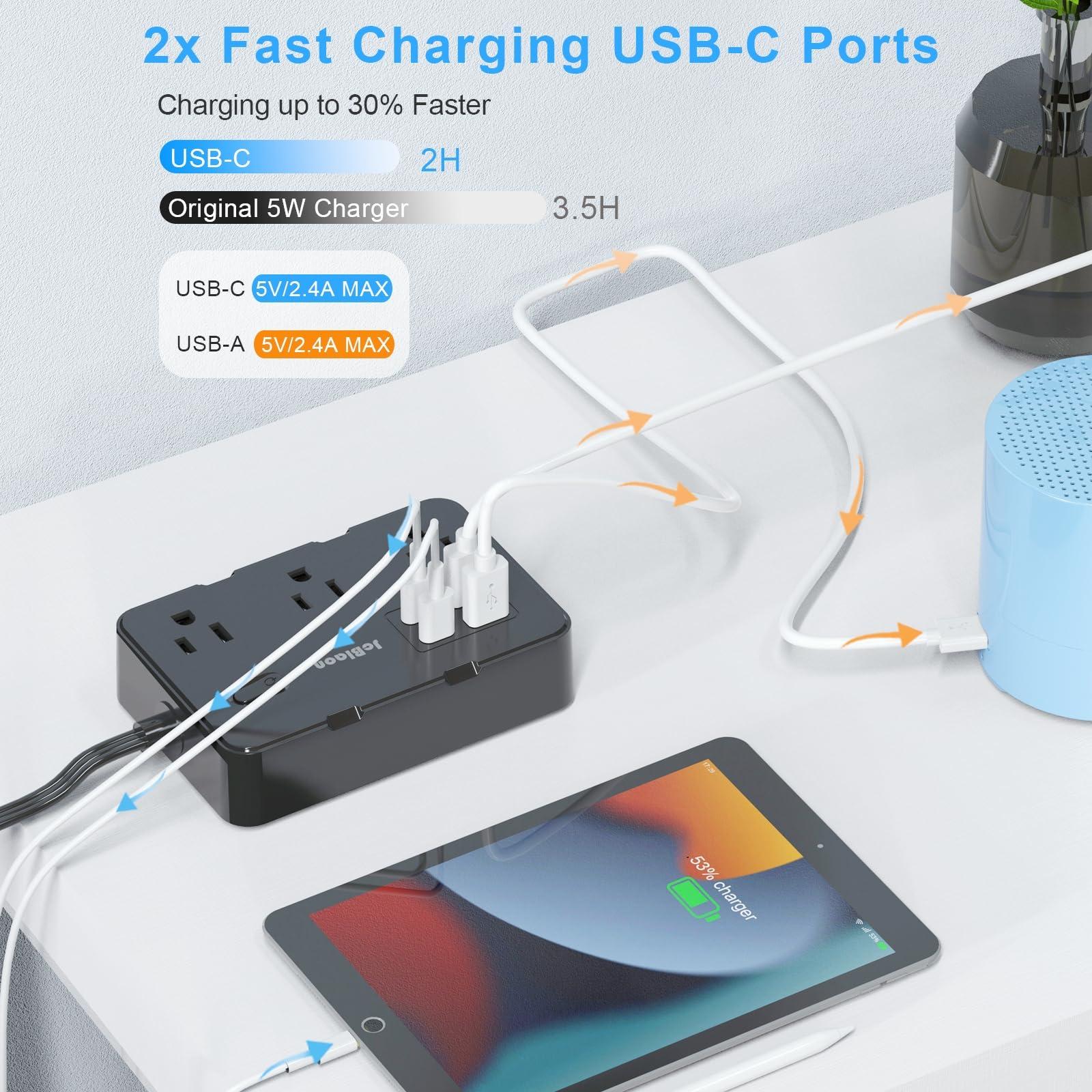 Flat Plug Power Strip Surge Protector, 5ft Ultra Thin Extension Cord with 4 USB Wall Charger(2 USB C Port), 6 Widely-Spaced Outlets Power Strip Compact for Travel, Office, Dorm Room Essentials (Black) - Image 4