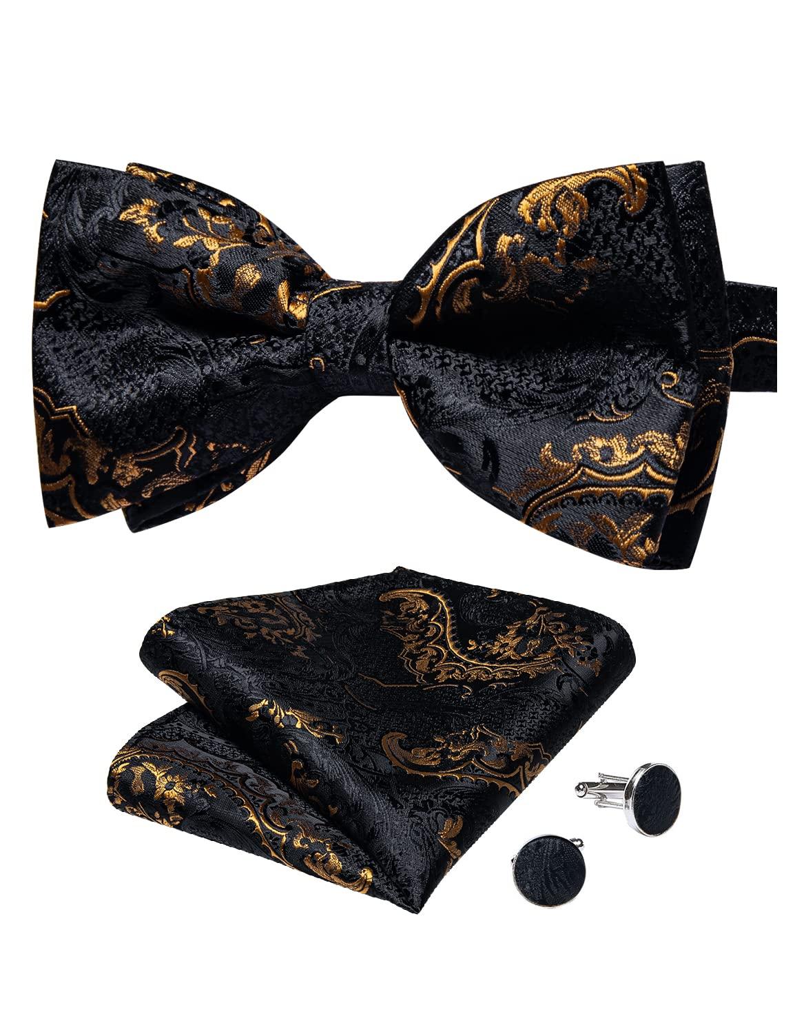 DiBanGu Paisley Pre-Tied Bow Ties for Men Silk Adjustable Bowtie and Pocket Square Cufflinks for Wedding Party
