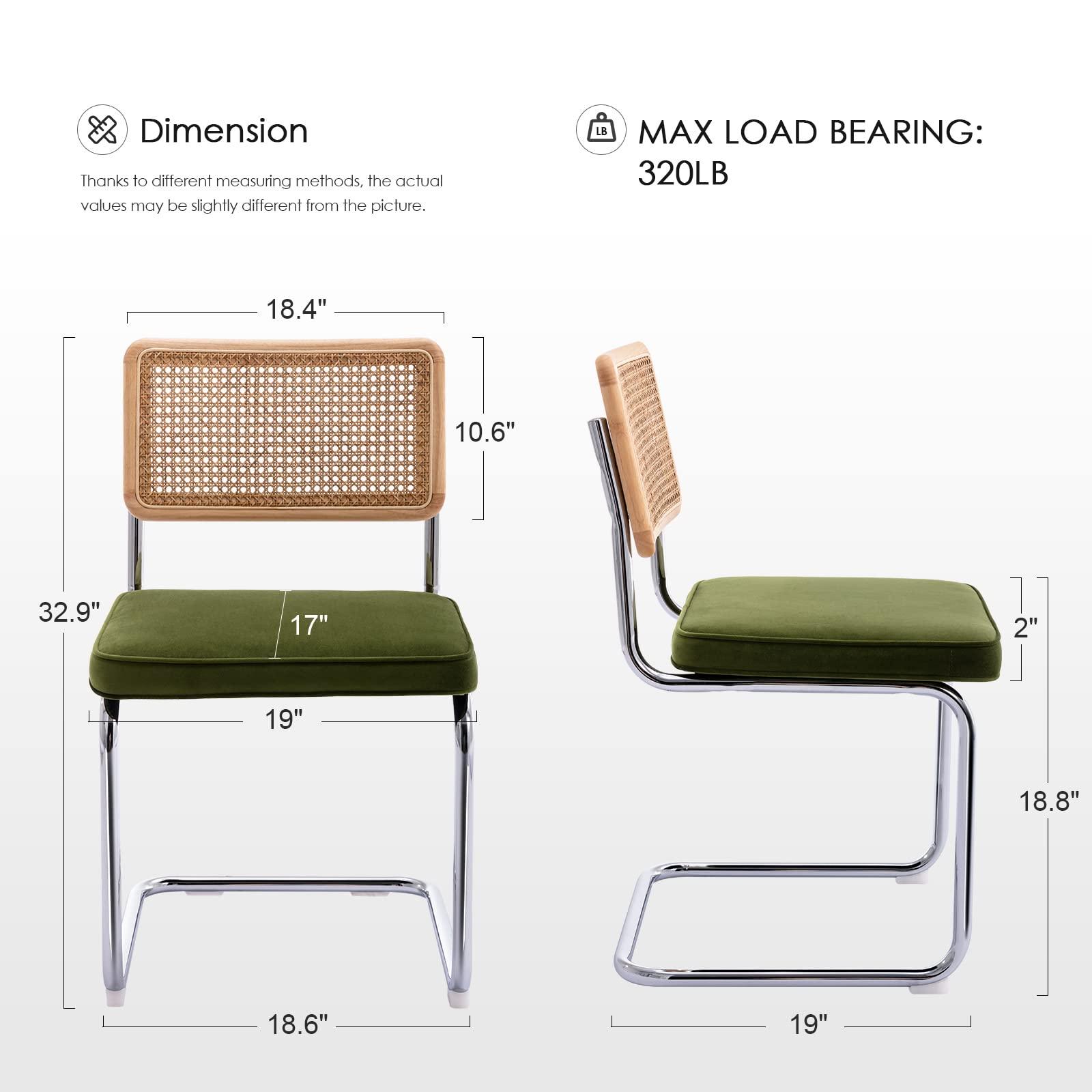 Zesthouse Natural Rattan Dining Chairs Set of 2, Modern Boho Kitchen Chairs with Solid Wood Back & Chrome Base, Mid Century Breuer Design Inspired, Upholstered Velvet Fabric, Green - Image 3