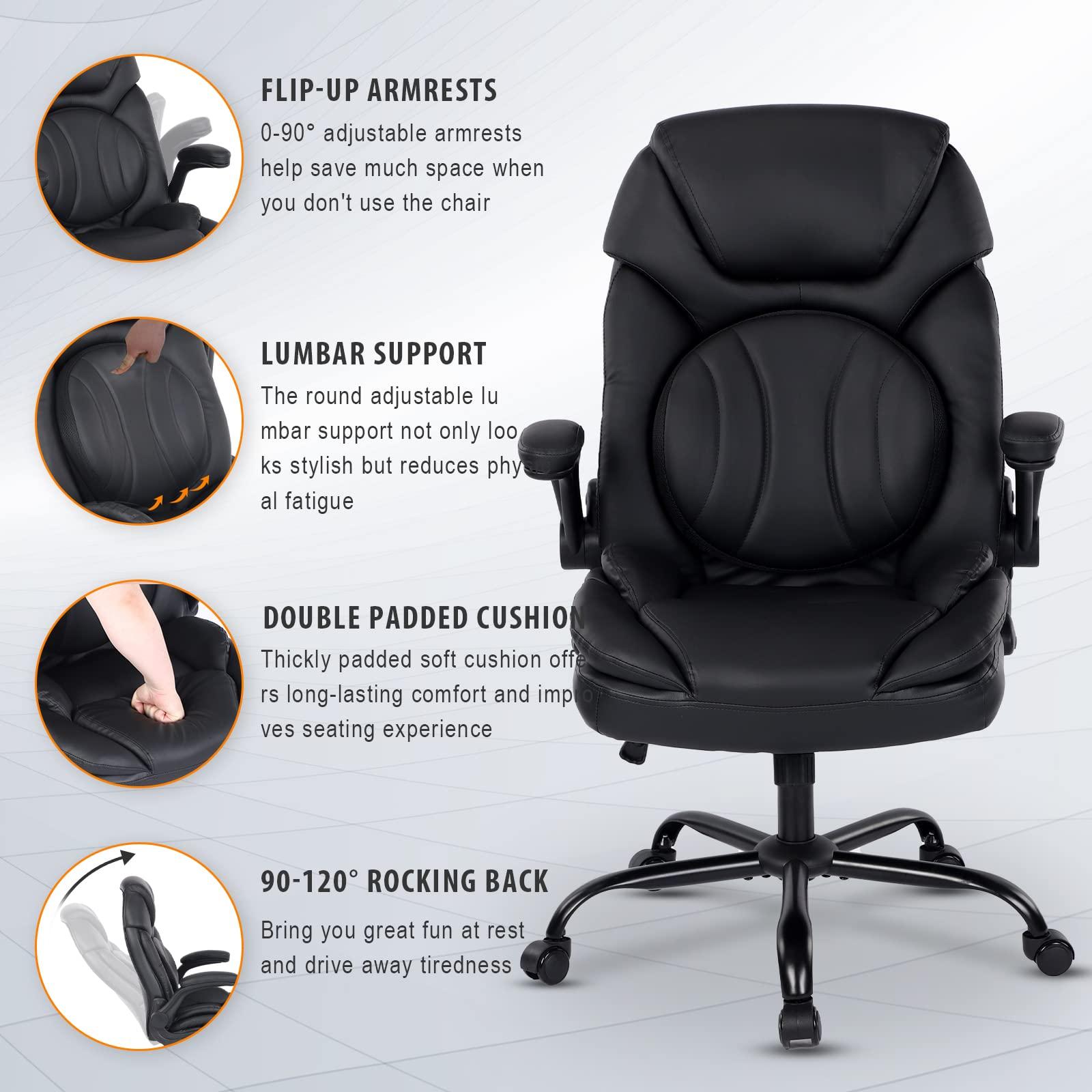 Comermax Ergonomic Executive Office Chairs with Lumbar Support, PU Leather Home Office Desk Chairs with Wheels and Flip up Arms, 90-120° Rocking Managerial Executive Chair (Black),Medium(300lbs) - Image 4