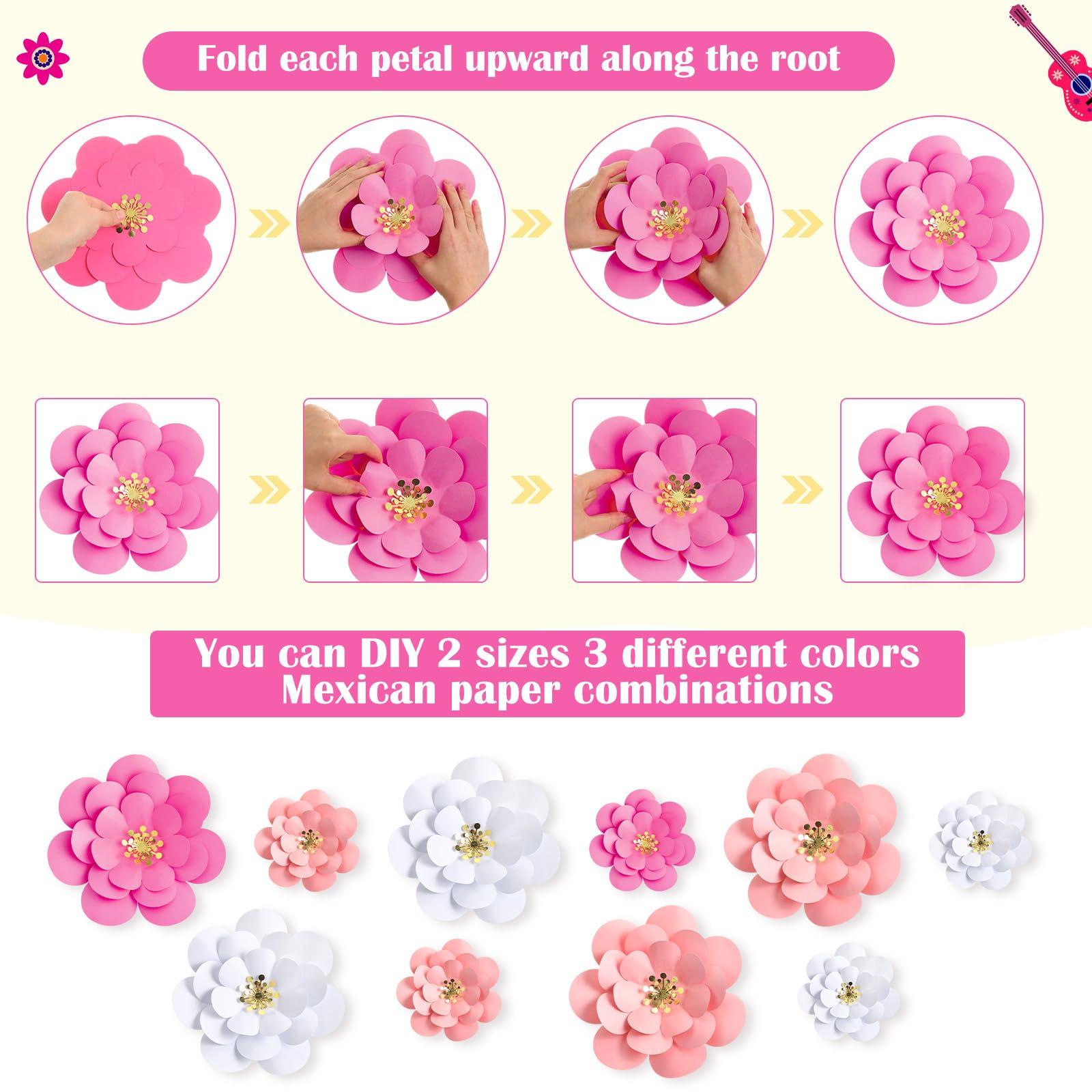 Mooliwe 10 Set Mexican Paper Flowers Decorations for Wall DIY Fiesta Bulletin Board 3D Handcrafted Paper Flowers Backdrop Decoration for Mexican and Holiday Party(Pink White) - Image 4
