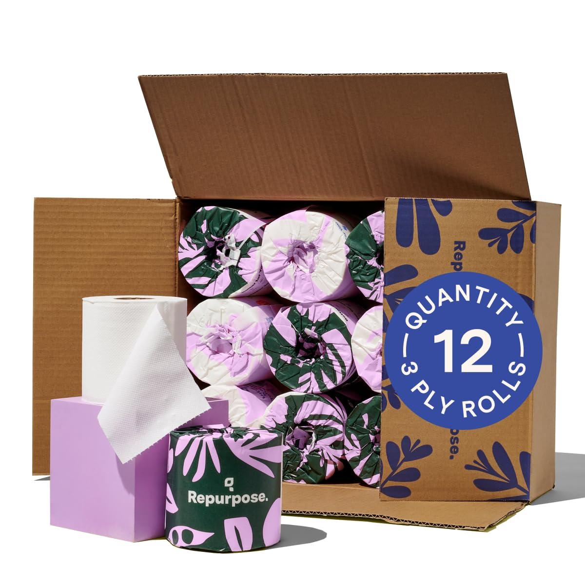 Repurpose 100% Bamboo Toilet Paper, 3-Ply, Tree-Free, Plastic-Free, FSC Certified, Septic Safe, Fast Dissolving, RV-Friendly, 12 Rolls (300 Sheets/Roll), No Fragrance/Dyes