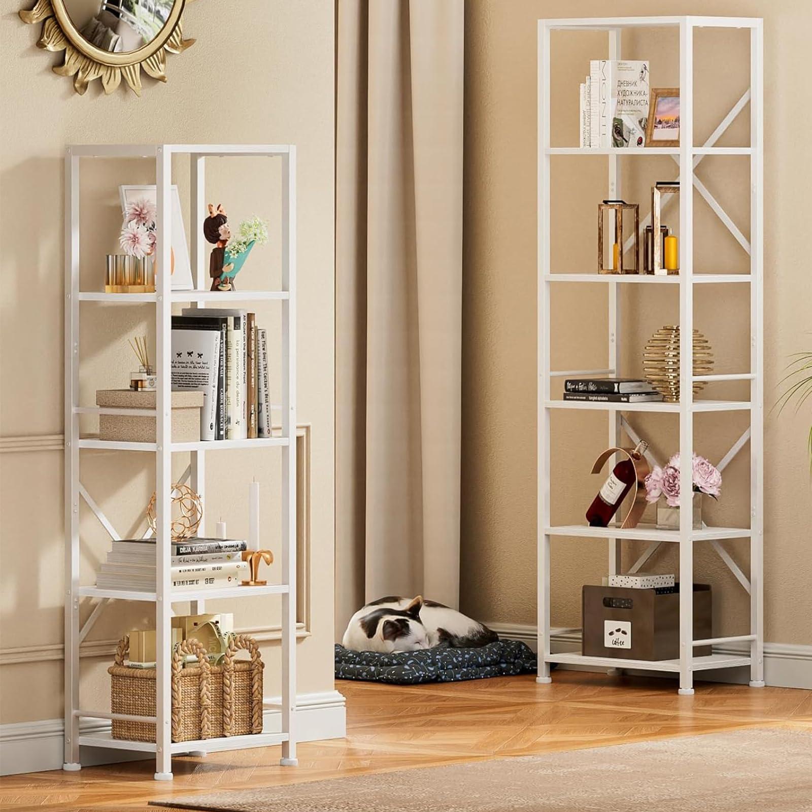 Furologee White Tall Bookshelf, Narrow Bookcase with 6 Shelves, Modern Freestanding Shelf Units, Metal and Wood Display Storage Corner Rack Organizer for Living Room, Home Office, Hallway, Bathroom - Image 2