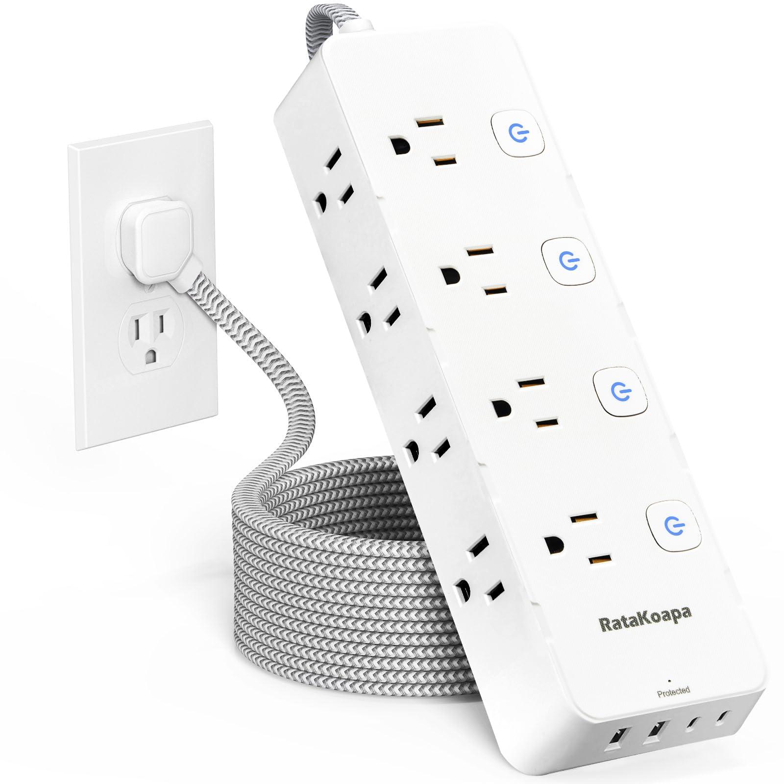 10 Ft Surge Protector Power Strip - 8 Widely AC Outlet 4 USB Ports(2 USB C), Flat Plug Extension Cord with Multiple Outlets, Individual Switches, Desk Extender for Dorm, Home, Office Essentials, 1400J