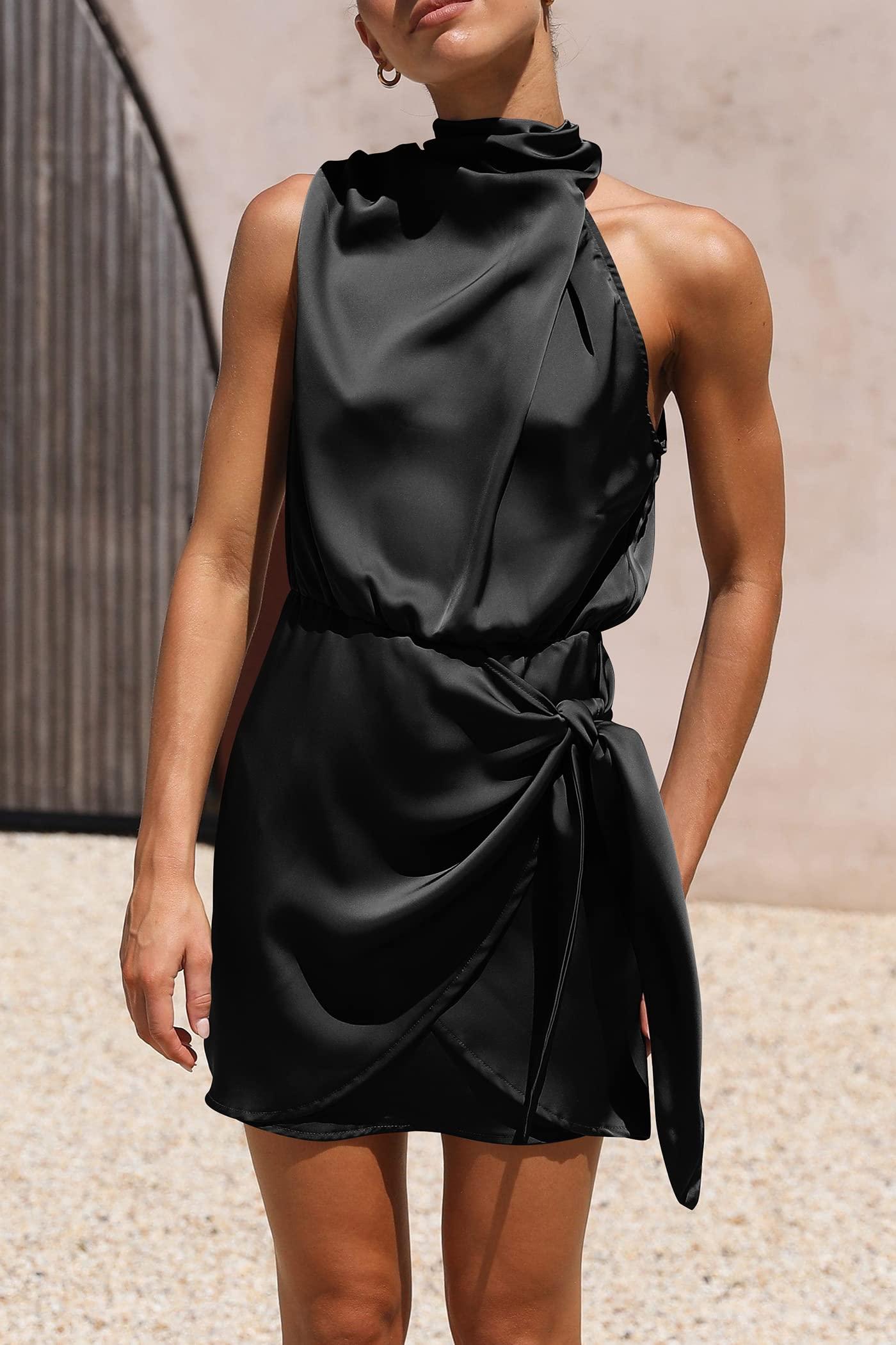 PRETTYGARDEN Women's Short Formal Satin Dress Summer Sleeveless Mock Neck Tie Waist Cocktail Party Dresses - Image 8