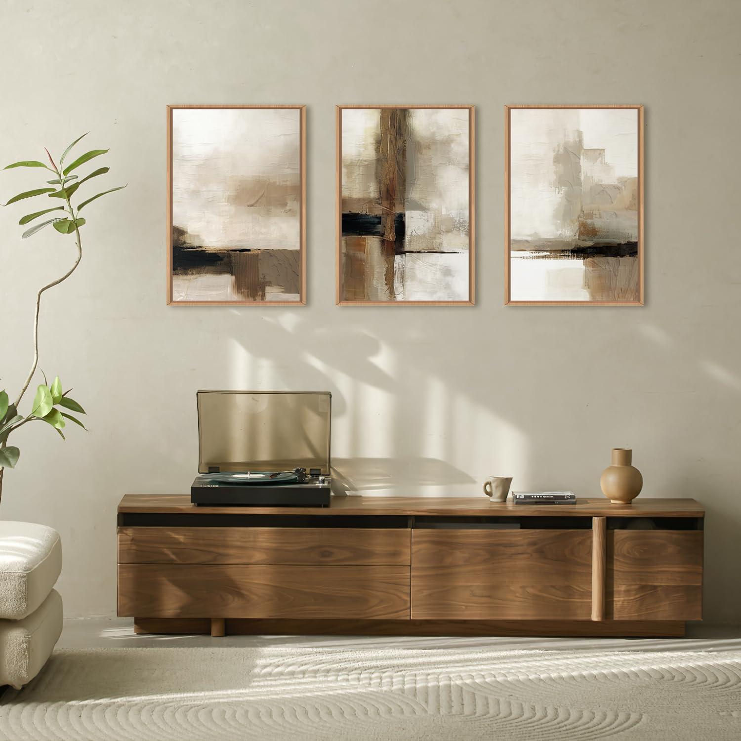 HOURIA Large Abstract Neutral Framed Canvas Wall Art Set,Brown Beige Wall Decor,Minimalist Black Wall Painting,Modern Brush Stroke Line Art Print for Living Room,Bedroom,Office- 16"x24"x3 - Image 4