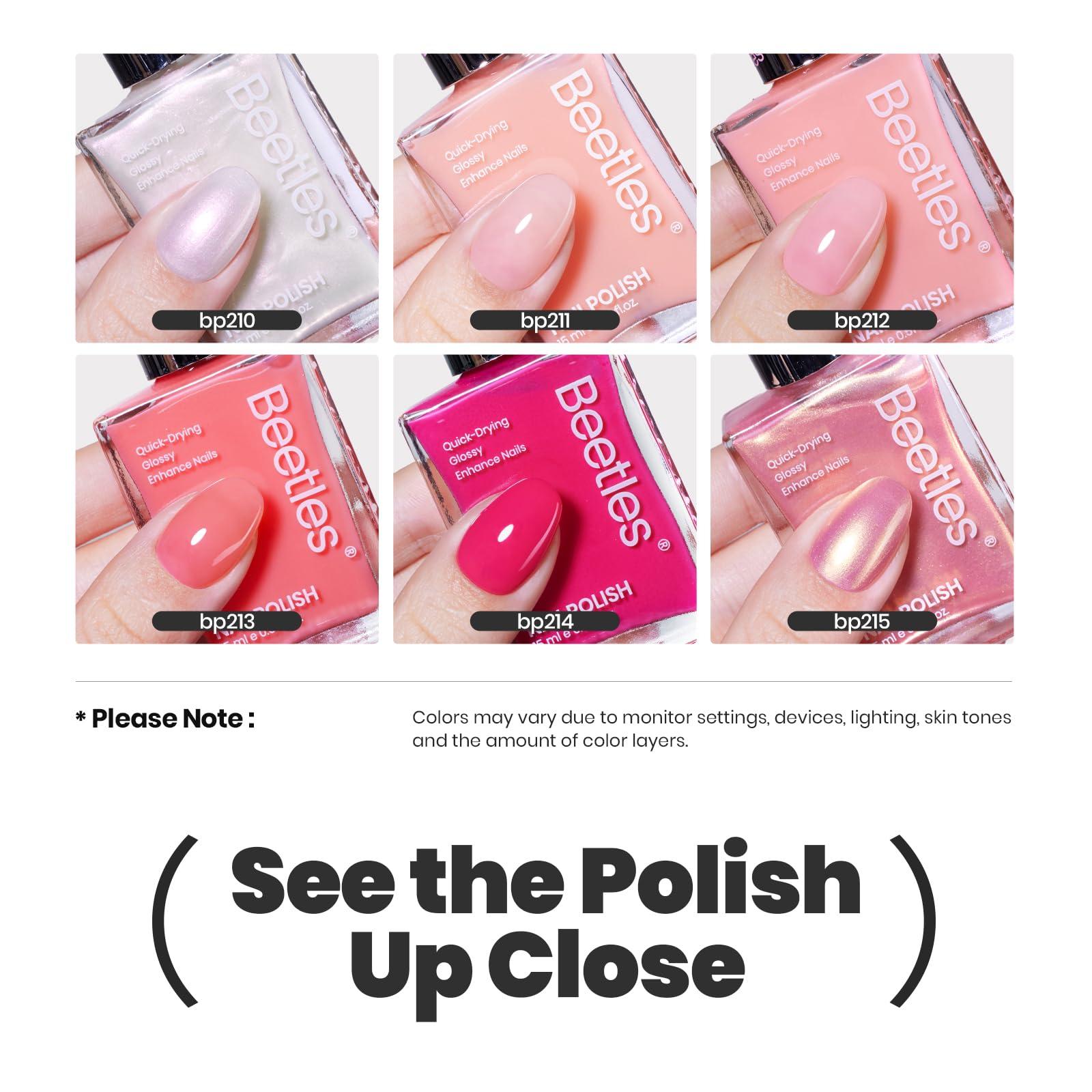 Beetles Nail Polish Set Heartbeat-6 Colors Hot Pink White Jelly Nude Pink Nail Polish Set Shimmer Pearl Quick Dry Finger Nail Polish DIY Nail Art Salon Home Gift for Women & Girls - Image 6