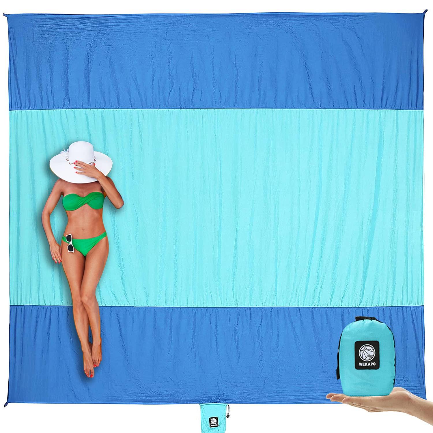 WEKAPO Beach Blanket Sandproof Waterproof, Extra Large Beach Mat, Oversized & Compact Sand Free Mat Quick Drying, Lightweight & Durable with 6 Stakes & 4 Corner Pockets