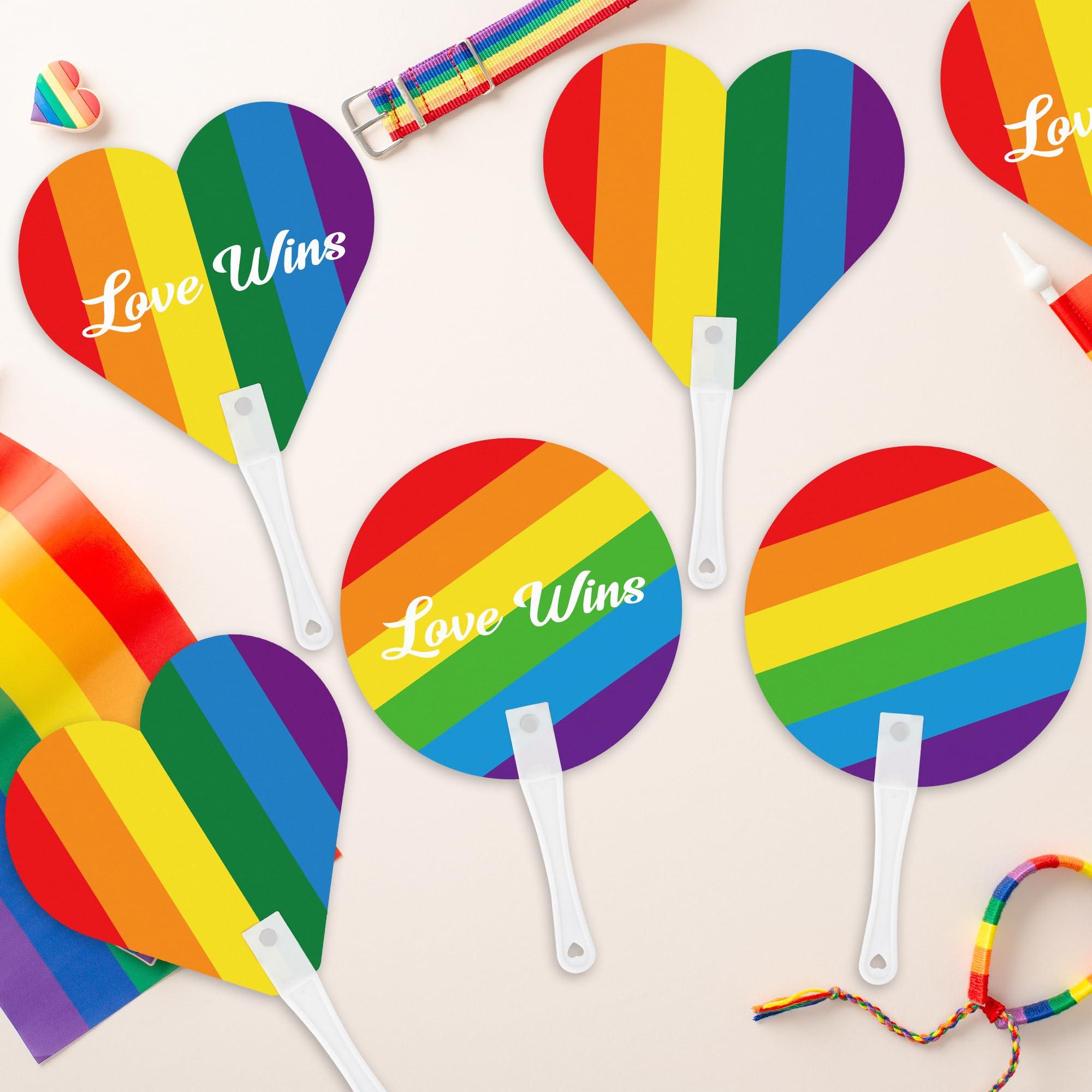 Blowata 48Pcs Pride Accessories Includes Gay Hand Fans - Heart and Round Rainbow Hand Fan for Parties, Festivals & Parades, Sturdy LGBT Plastic Fan for Pride Gifts and Pride Party Supplies - Image 5