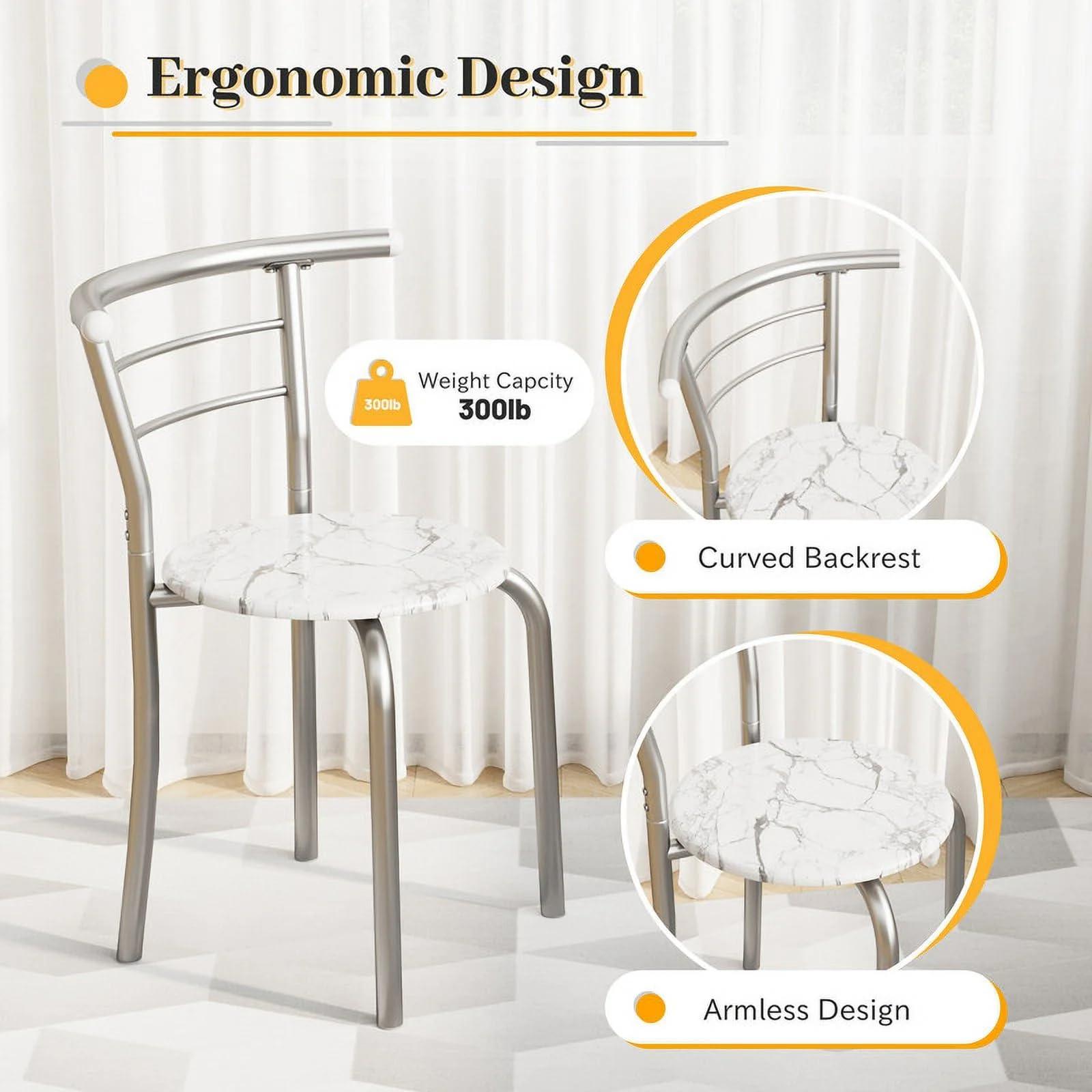 Shahoo 3-Piece Wooden Dining Table Set, Kitchen Breakfast Nook Sets with 2 Chairs & Round Tabletop, Space Saving Furniture Metal Frame and Built-in Wine Rack, Marble White - Image 6