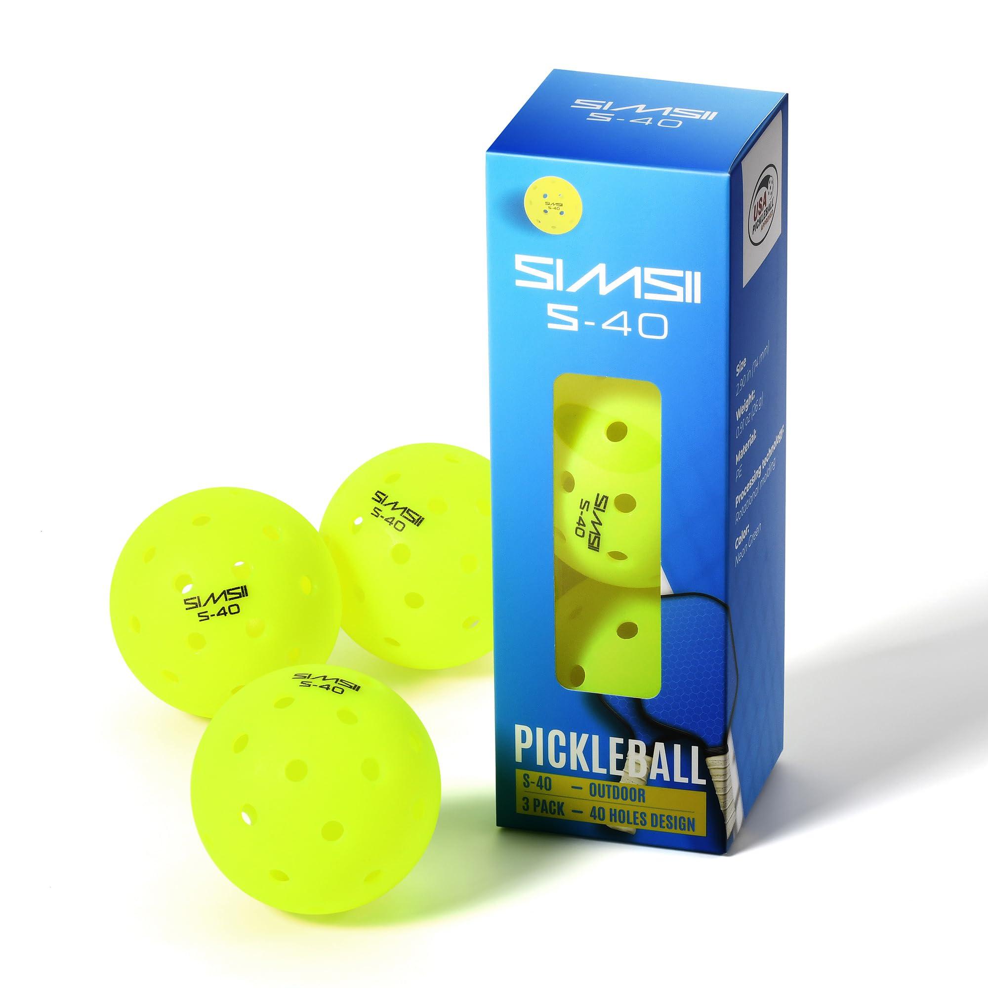 SIMSII S-40 Outdoor Pickleball Balls - 40 Holes, Approved by The USAPA - Durable PE Material, Seamless Construction, Tournament Grade, 3/12/40/100 Pack - Pickleballs