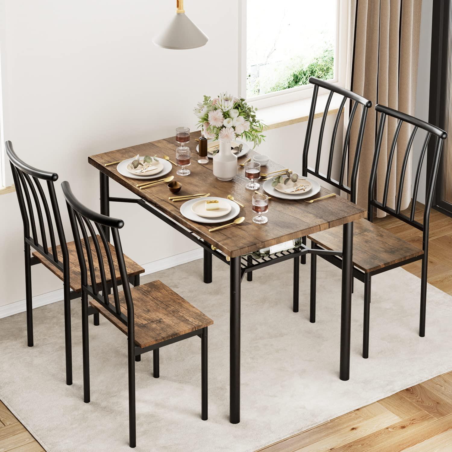 CABIHOME Dining Table Set for 4, Rectangle Kitchen Table Set with Wine Rack, Sturdy Chairs, Rustic Brown - Image 3