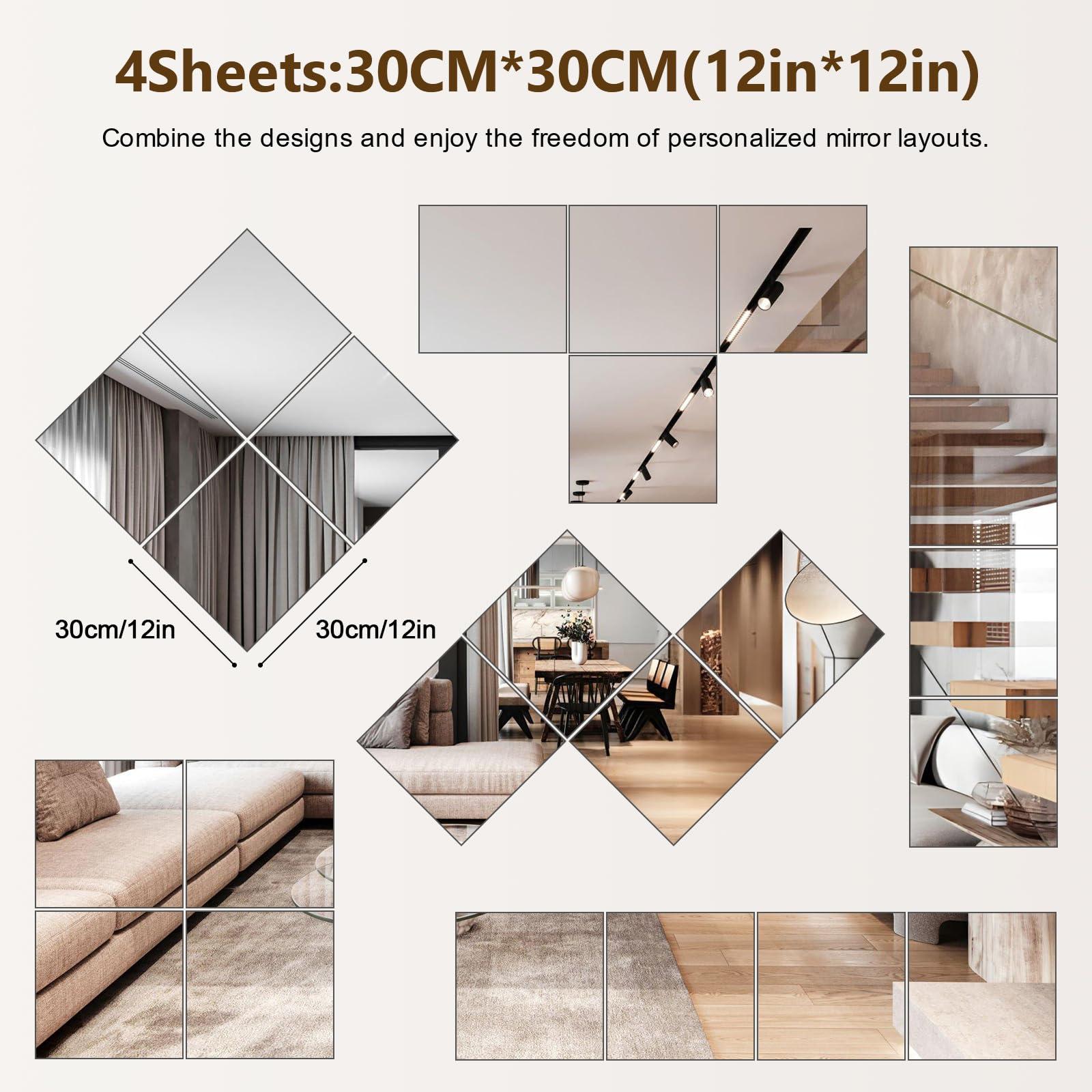 Shiftshade 4 Pack Wall Mirror Full Length, 12 x 12 Inch Acrylic Mirror Tiles, Shatterproof Flexible Plastic Mirror Sheets for Bedroom Home Gym Door - Image 2