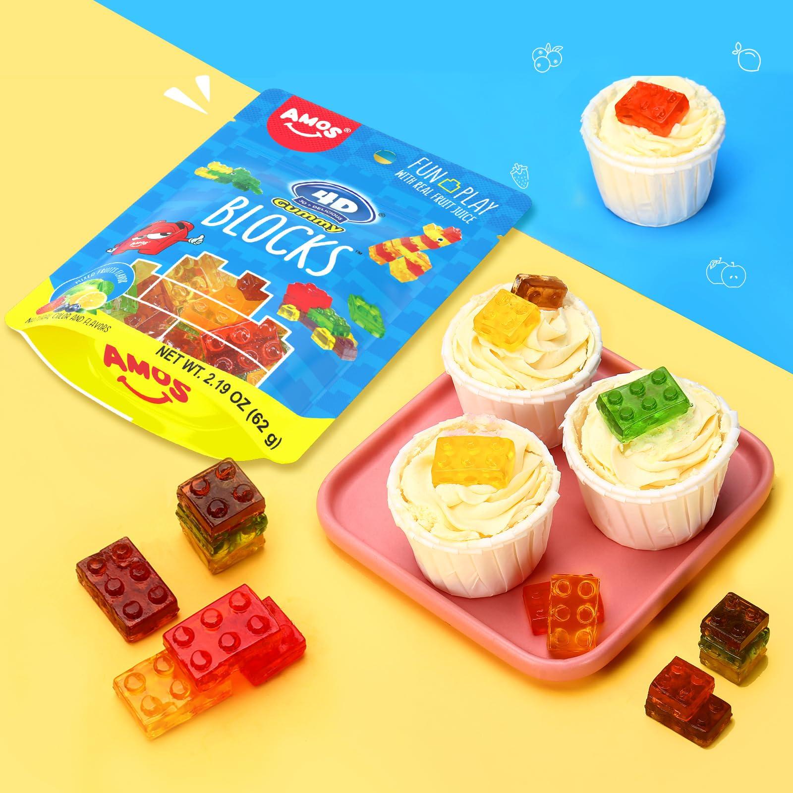 AMOS 4D Gummy Blocks Candy Bricks, Edible Building Blocks, Themed Novelty Candy for Kids Birthday Party, Cupcake Topper, Resealable 2.19oz Bag (Pack of 3) - Image 3