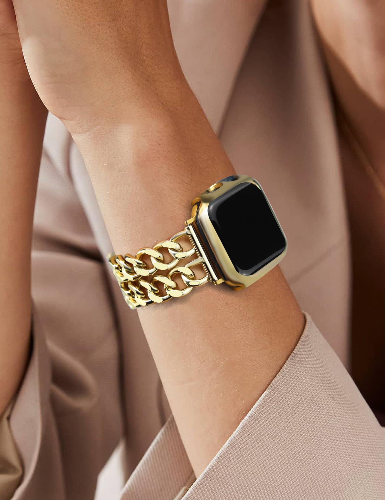 JR.DM Gold Watch Bands for Women Compatible with Apple Watch Band 38mm 40mm 41mm 42mm (S10) Adjustable Metal Band Cowboy Steel Chain Bracelet for iWatch Series1/2/3/4/5/6/7/8/9/10/SE (No Case) - Image 8