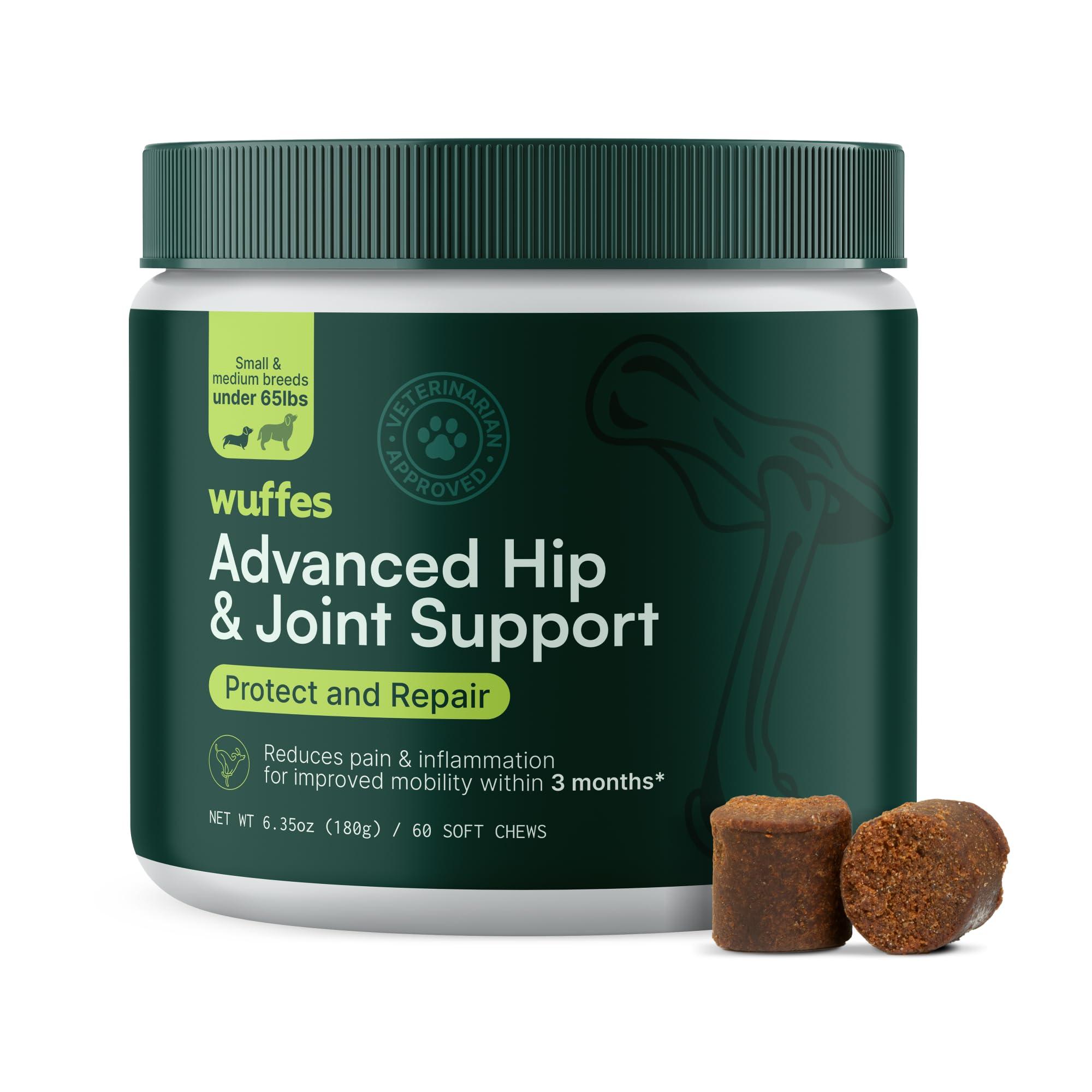 Wuffes Advanced Dog Hip and Joint Supplement with Glucosamine, Chondroitin, Omega 3, MSM, and Green Lipped Mussel, 60 Pork Flavored Chews for Small and Medium Dog Breeds