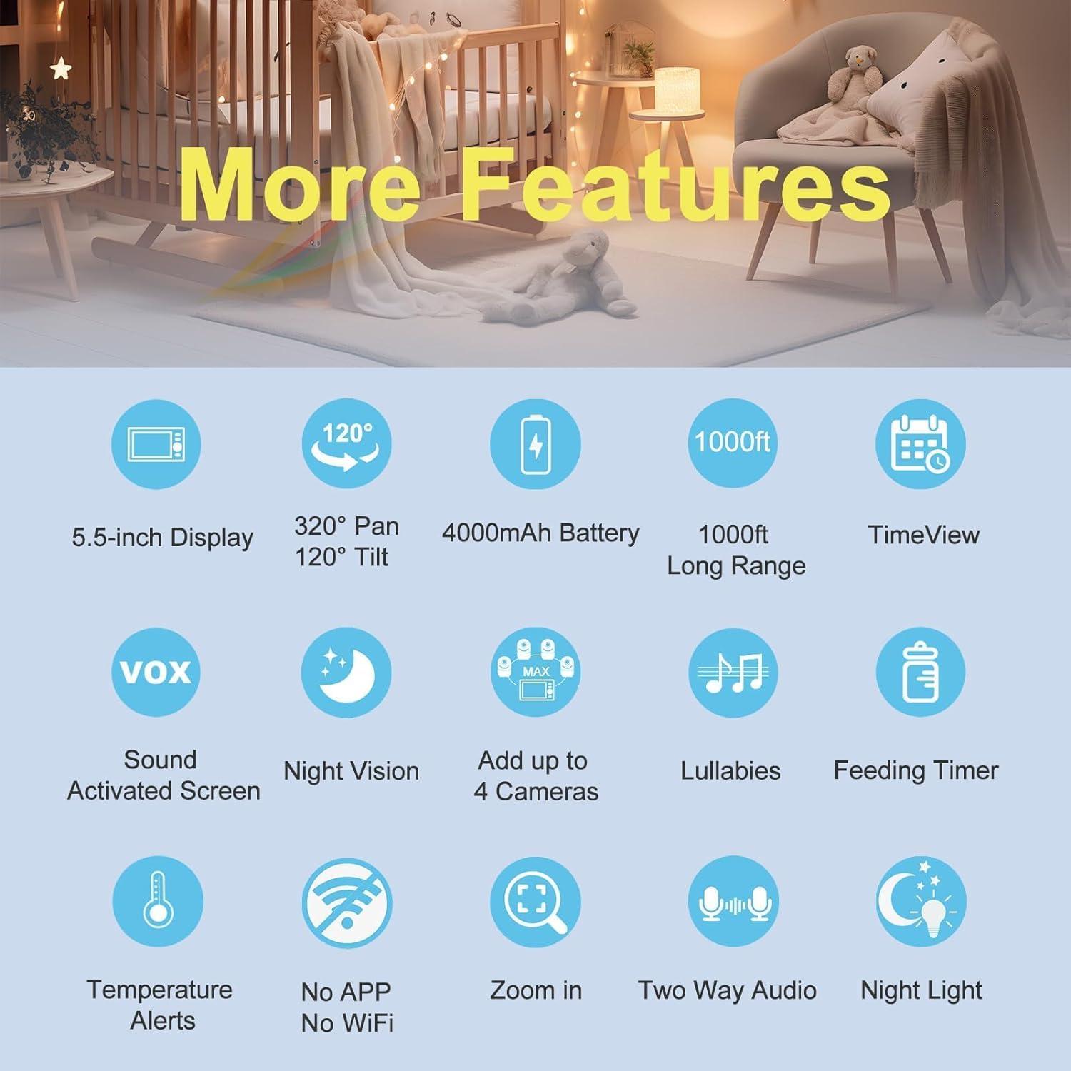 HelloBaby 720P 5.5'' HD Baby Monitor with Camera and Audio No WiFi, Video Baby Monitor, Remote Pan Tilt Zoom Wide View Range, 1080P Infant Camera, Night Light, Hack Proof, 4000mAh Battery, 1000ft - Image 3