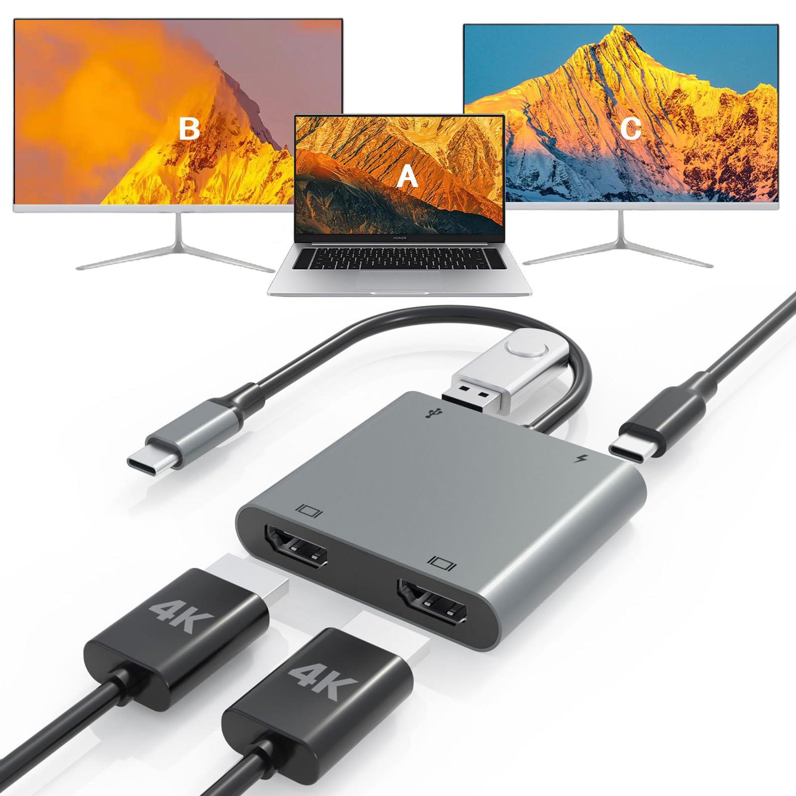 USB C to Dual HDMI Adapter, Fophmo 4K@60Hz HDMI Splitter Extended Display for Dual Monitors, 100W PD, USB-A Port, Windows Allows Multi-Monitor Display 3 Separate Screens, macOS Only Allows Mirror Mode