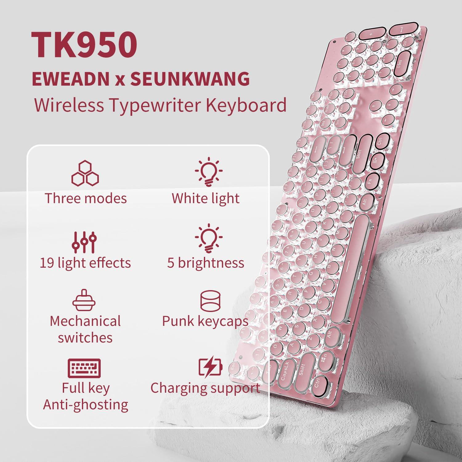 TK950 Wireless Typewriter Keyboard and Mouse Combo, 104 Keys Retro Typewriter Mechanical Keyboard with White Backlit, Anti-Ghosting, Blue Switch, Bluetooth/2.4G/Wired Cute Gaming Keyboards-Pink - Image 2