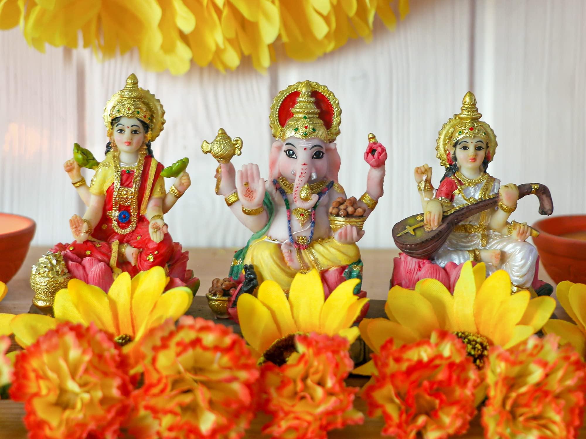 India Laxmi Ganesh Saraswati Statue - 3.9”H Indian God Lakshmi Ganesha Saraswati Idol Figurine Hindu Diwali Gifts Diwali Decoration Home Office Mandir Temple Pooja Item - Image 2