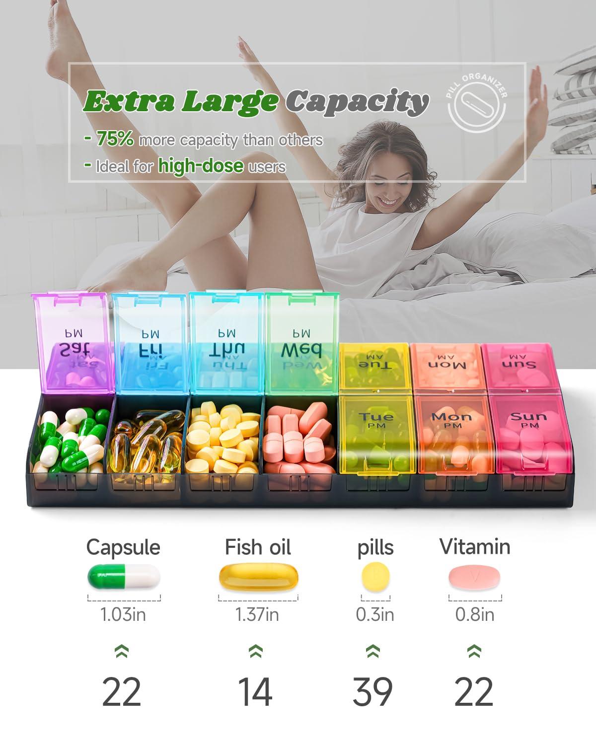 Extra Large Pill Organizer 2 Times a Day, Weekly XL AM PM Pill Case, 7 Day Pill Box Twice a Day, Oversized Daily Medicine Organizer for Vitamins, Big Pill Container, Medication Dispenser (Rainbow) - Image 2
