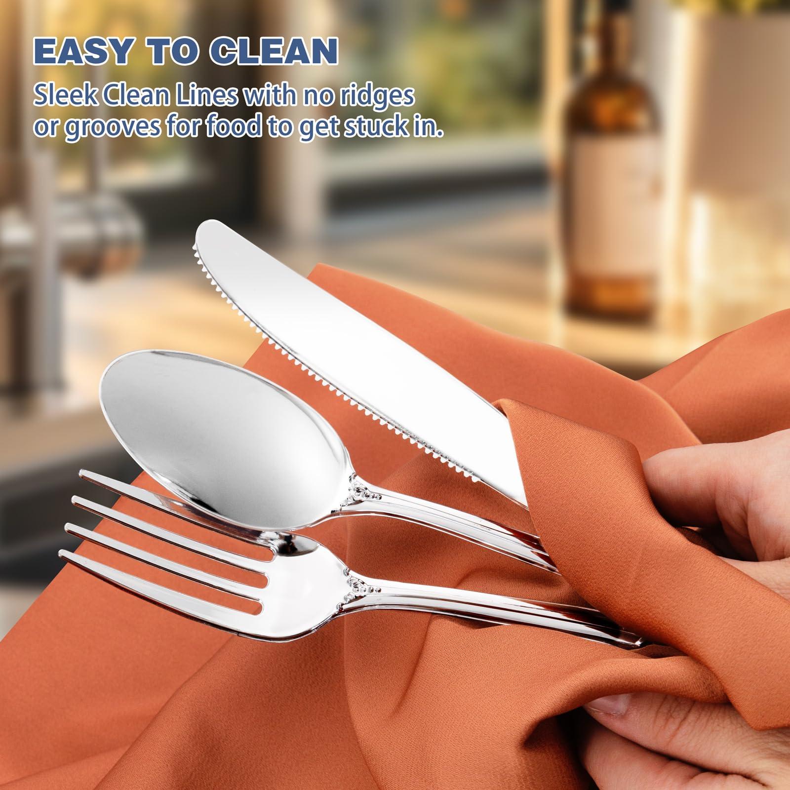 Joyido 90PCS Silver Plastic Silverware - Heavy Duty Silver Disposable Cutley - Fancy Plastic Utensils Flatware Include 30 Forks, 30 Spoons, 30 Knives for Catering, Parties, Dinners, Weddings - Image 5