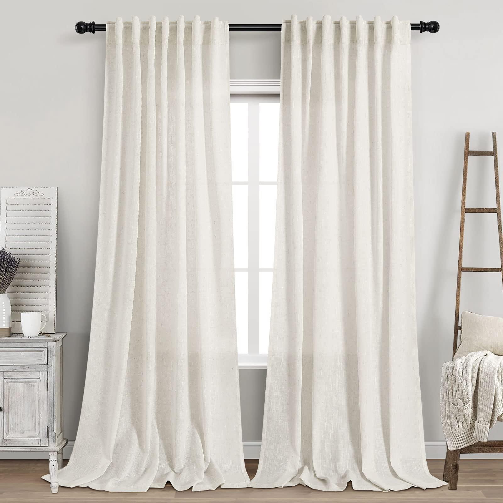 Cream Linen Curtains 102 inches Long 2 Panels Set for Living Room Extra Long Back Tab Curtains Neutral Farmhouse Light Filtering Semi Sheer Linen Drapes Ceiling to Floor for Large Window Ivory