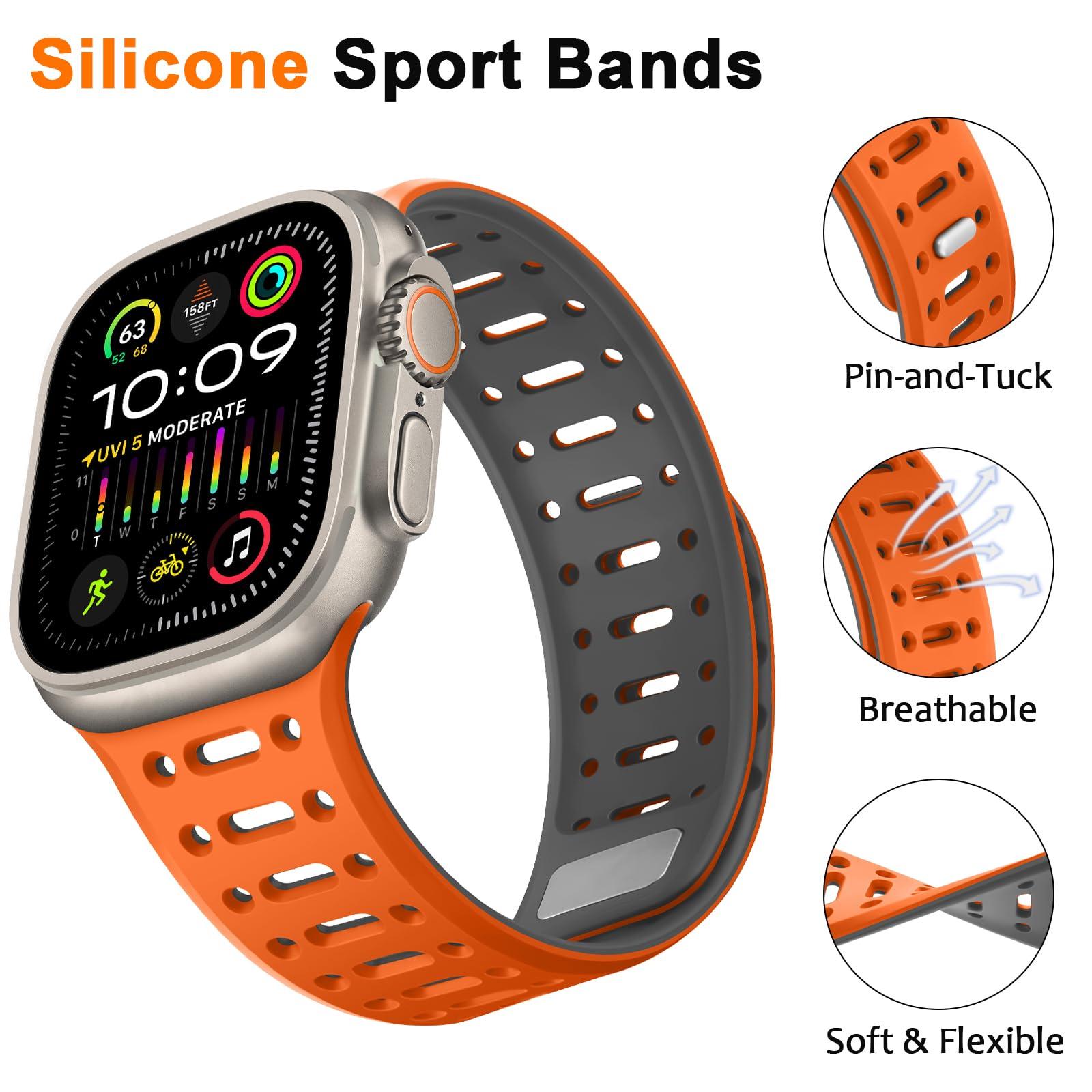 ZZDZZ Compatible with Apple Watch Band 49mm 46mm 45mm 44mm 42mm 41mm 40mm 38mm, Magnetic Silicone Sport Breathable Strap for iWatch Ultra 2 SE Series 10 9 8 7 6 5 4 (49/46/45/44/42mm, Orange/Gray) - Image 3