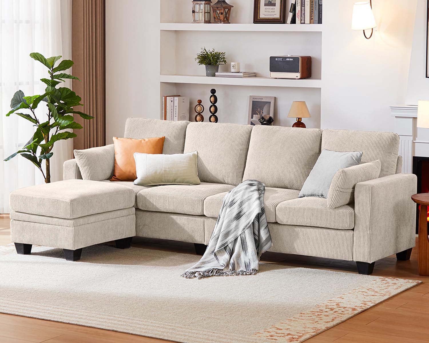 CHIC HOUSE Corduroy Modular Sectional Couch with Ottoman Chaise, L/U Shaped Sleeper Sofa for Living Room, Apartment, Lounge, Modern Armrest Neck Support Furniture (5 Seater Sectional, Beige)