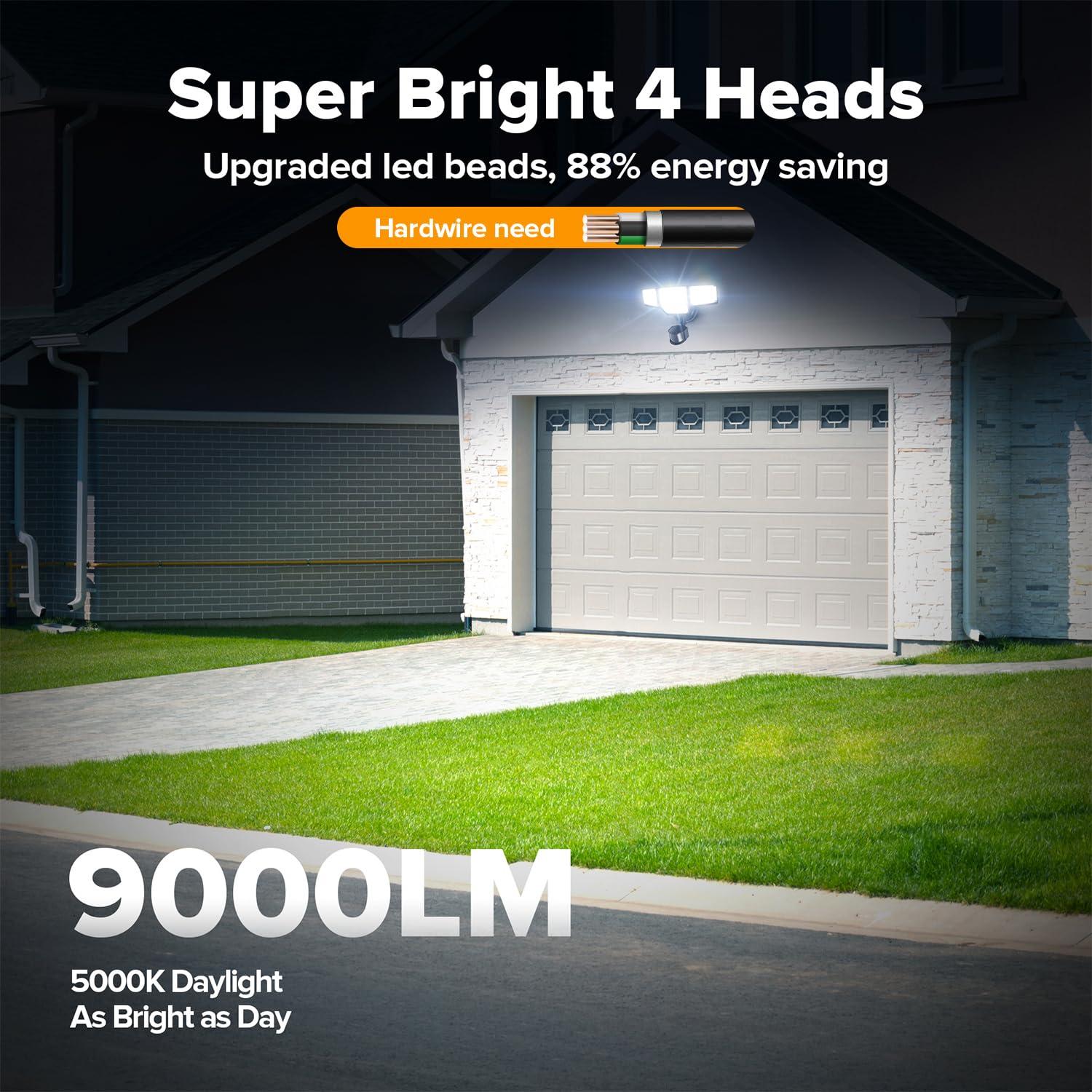 LUTEC 80W 9000LM LED Security Light Motion Sensor Outdoor Lights, 4 Head LED Flood Lights Outdoor 5000K Daylight, IP65 Waterproof, Motion Detected Lights for Outside, House, Garage, Yard (Black) - Image 2