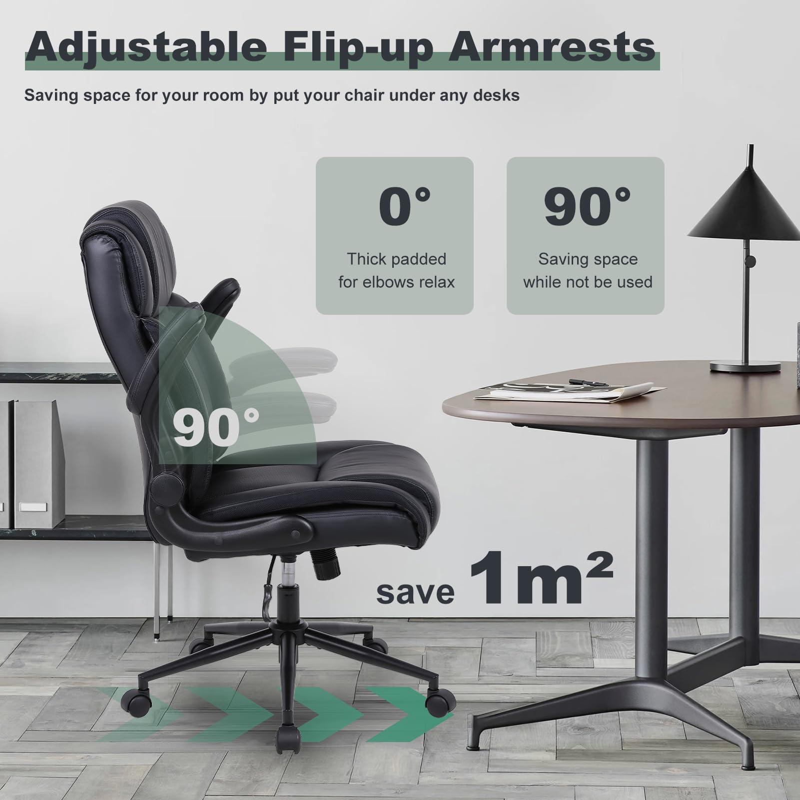 Ermnois Executive Office Chair with Thicken Flip-up Armrest, Ergonomic Home Office Desk Chair with Lumbar Support, Upholstered Leather Mid-Back Computer Gaming Chair for Home/Office, Black - Image 6
