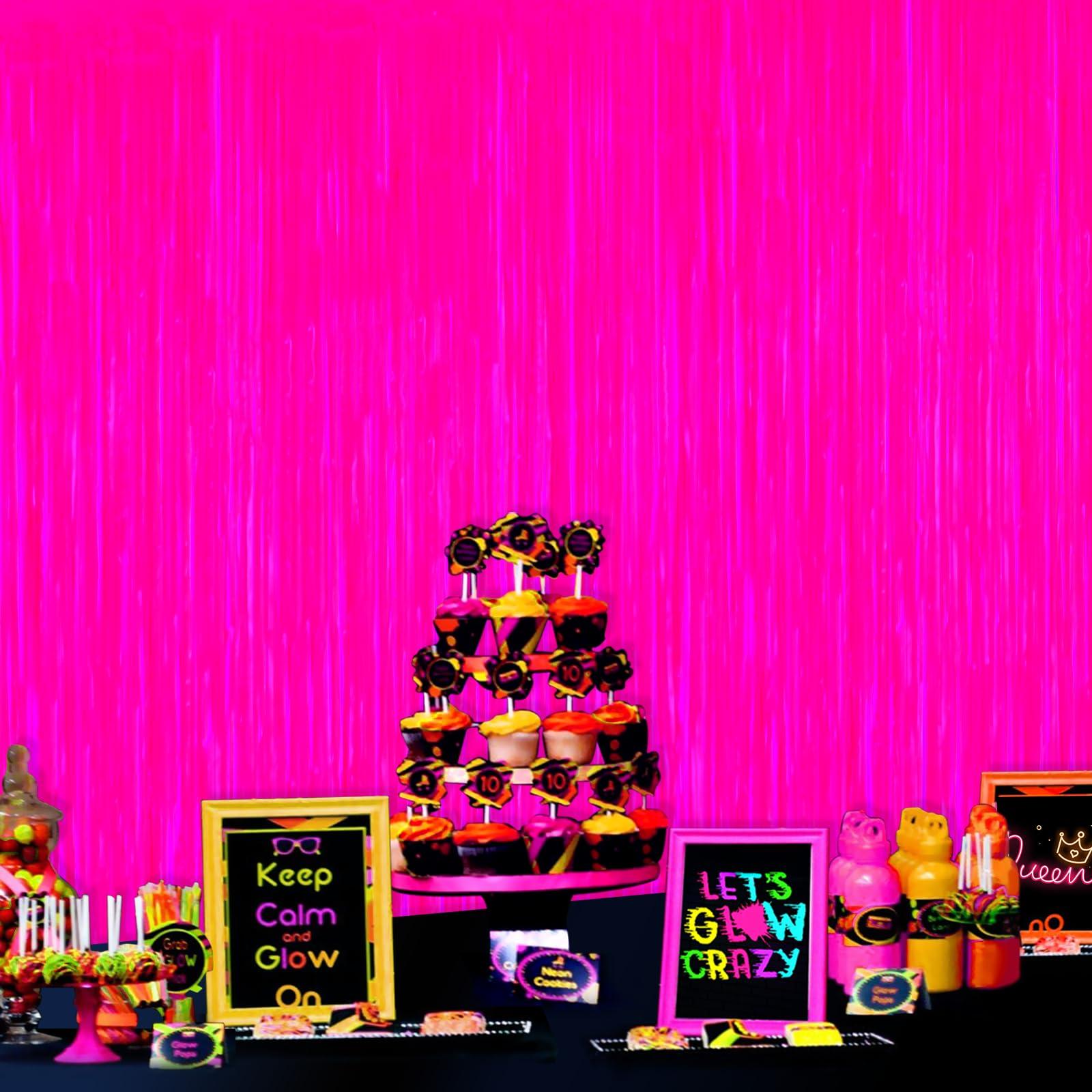Mega-L Glow in The Dark Party Supplies, 2 Pack Neon Party Decorations 3.3 x 6.6 ft Fluorescent Macaron Fuchsia Tinsel Foil Fringe Curtains, Photo Booth Prop Backdrop Streamer, Birthday Party Decor - Image 2