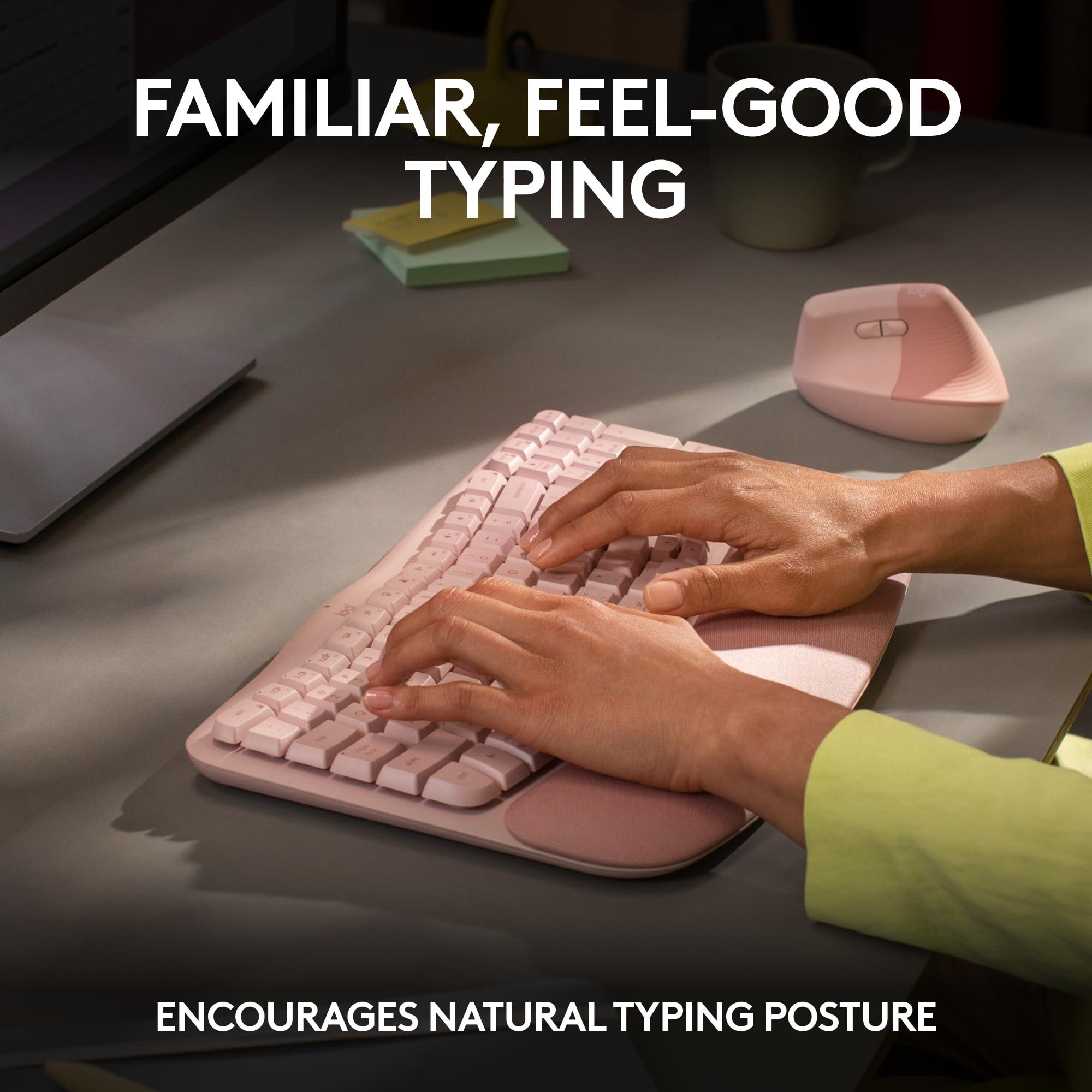 Logitech Wave Keys Wireless Ergonomic Keyboard with Cushioned Palm Rest, Comfortable Natural Typing, Easy-Switch, Bluetooth, Logi Bolt Receiver, for Multi-OS, Windows/Mac - Rose - Image 3
