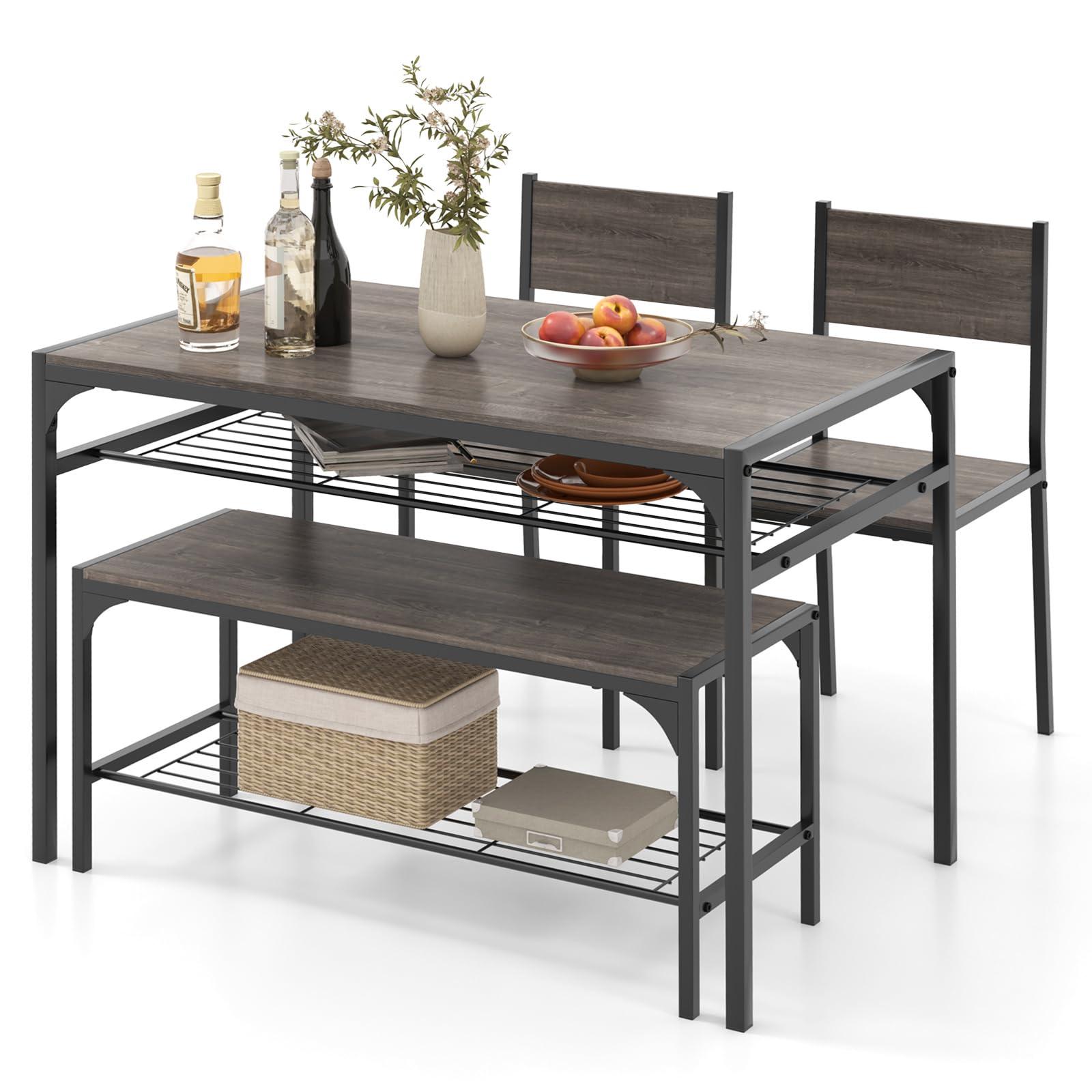 COSTWAY 4 Pieces Dining Table Set, Kitchen Table and 2 Chairs for 4 with Bench, Storage Racks, Metal Frame & Space-saving Design, Industrial Kitchen Table Set for Small Space, Apartment (Black & Grey) - Image 1