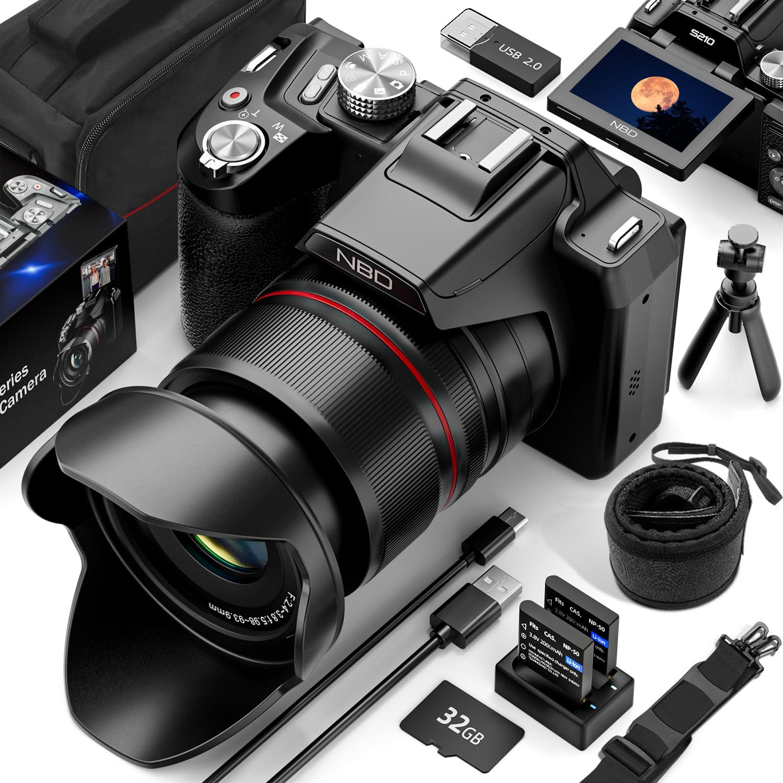 64MP Digital Cameras for Photography, 16X Optical Zoom 5K Cameras with WiFi & App Control, Vlogging for YouTube with 180°Flipable Screen, Auto Focus,2 Batteries,58mm UV Lens and 32GB Card（Black）