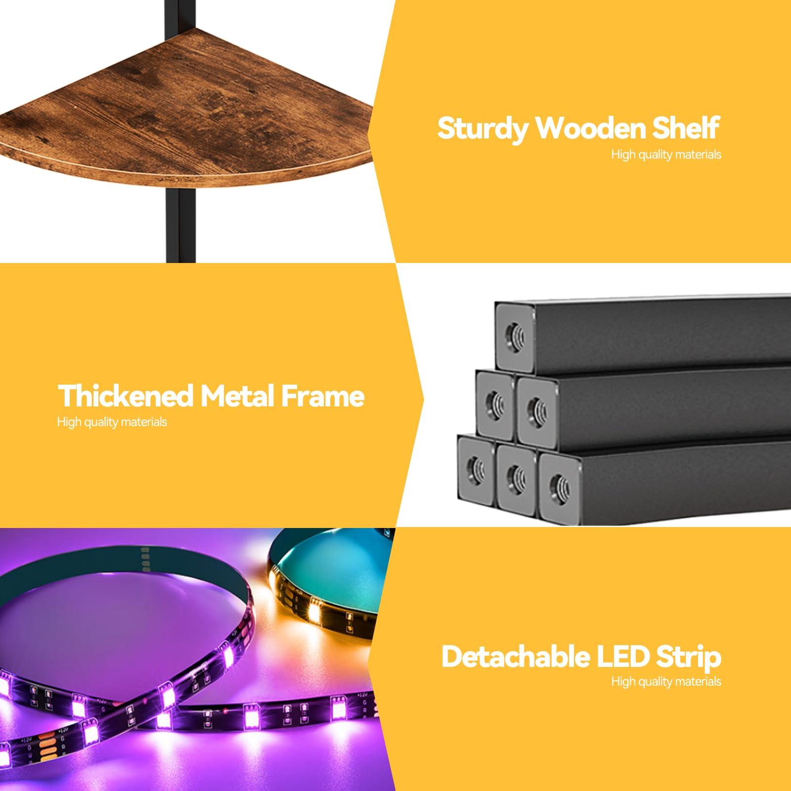 Furnulem 5 Tier Corner Shelf with LED Light, 67.2” Tall Standing Shelf for Wall Corner, Narrow Bookshelf Ladder Shelf for Bedroom, Living Room, Plant, Wood Storage Rack, Metal Frame (Rustic Brown) - Image 7