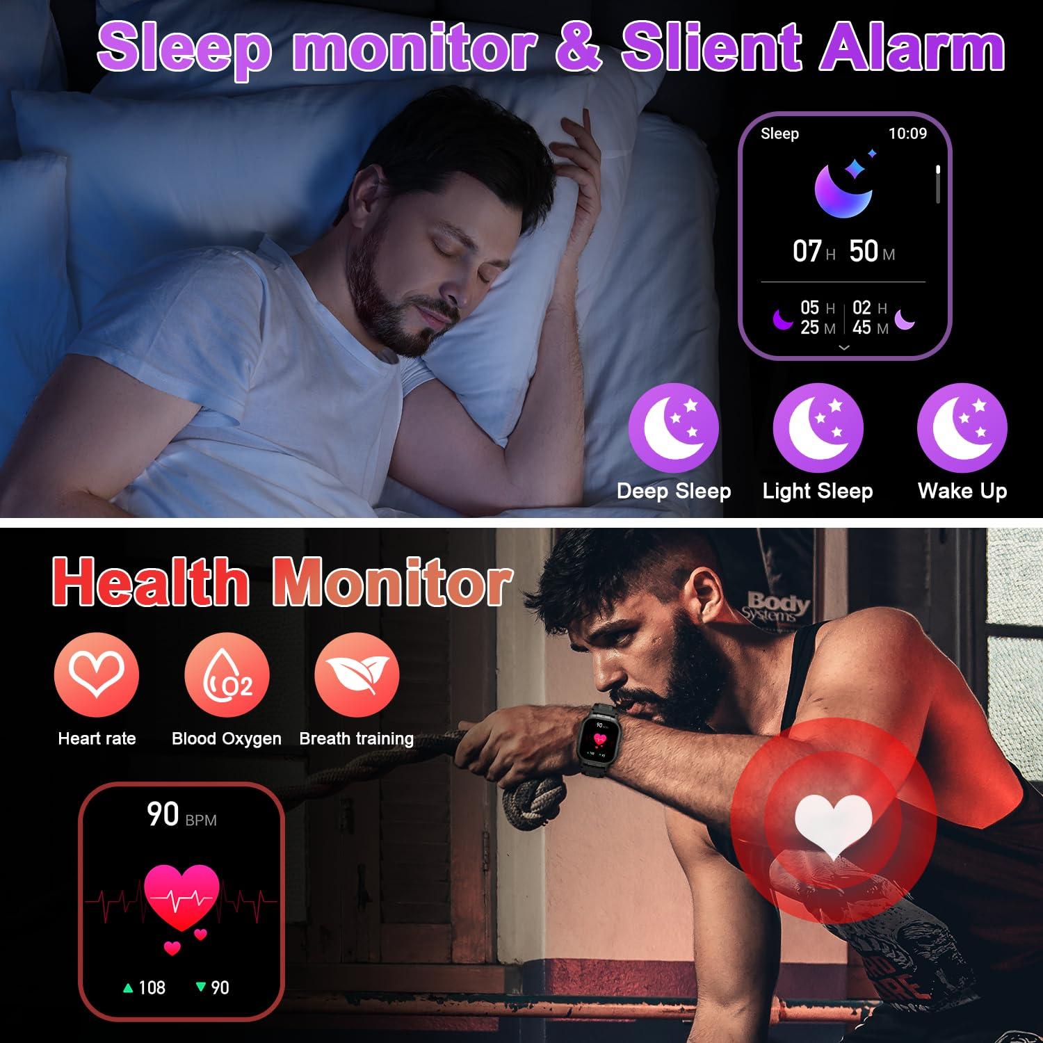 Smart Watch for Men Fitness Tracker: Make/Answer Call Military Smart Watches for Men Digital Watches Run Waterproof Smartwatch Android Phones iPhone Samsung Compatible Heart Rate Monitor Orange Black - Image 3