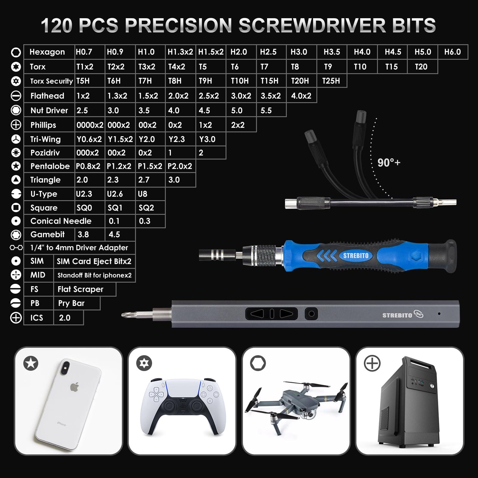 STREBITO Mini Electric Screwdriver, 144-Piece Electric Precision Screwdriver Set Small Power Screwdriver Cordless Rechargeable, Electronic Repair Tool Kit for PC, Computer, Laptop, Phone, RC Drone - Image 3