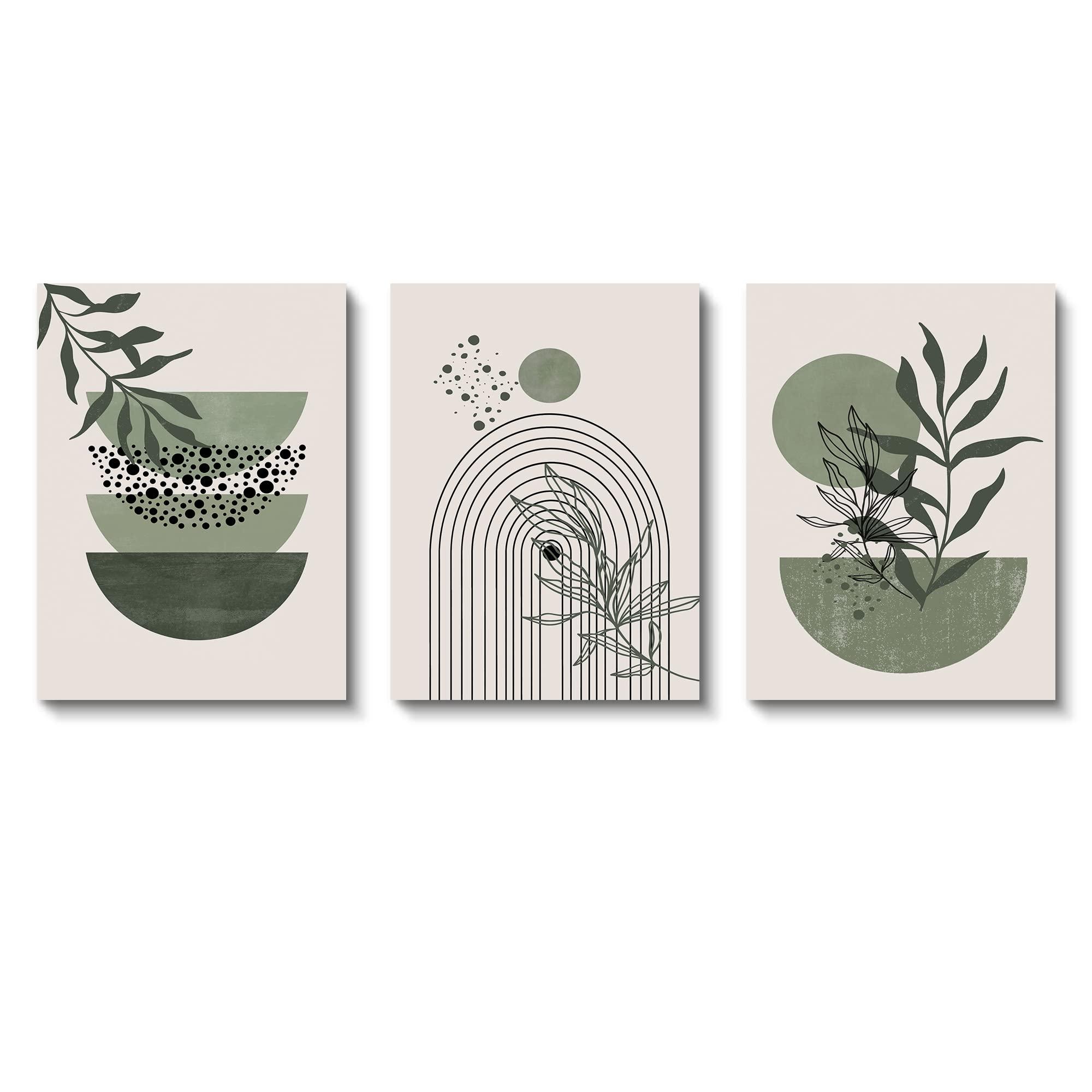 Sage Green Wall Posters & Prints, Green Boho Wall Art Set of 3, Minimalist Framed Wall Art Geometric Line Leaf Sun Moon Beige Green Canvas Artwork Paintings - Image 7