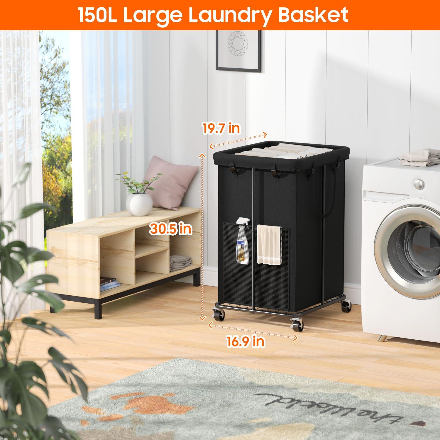 150L Laundry Hamper with Wheels, Rolling Laundry Basket with Metal Frame and Removable Bag, Large & Tall Dirty Clothes Hampers for Bedroom Aesthetic, Laundry Room, Bathroom, Dorm-Black - Image 3