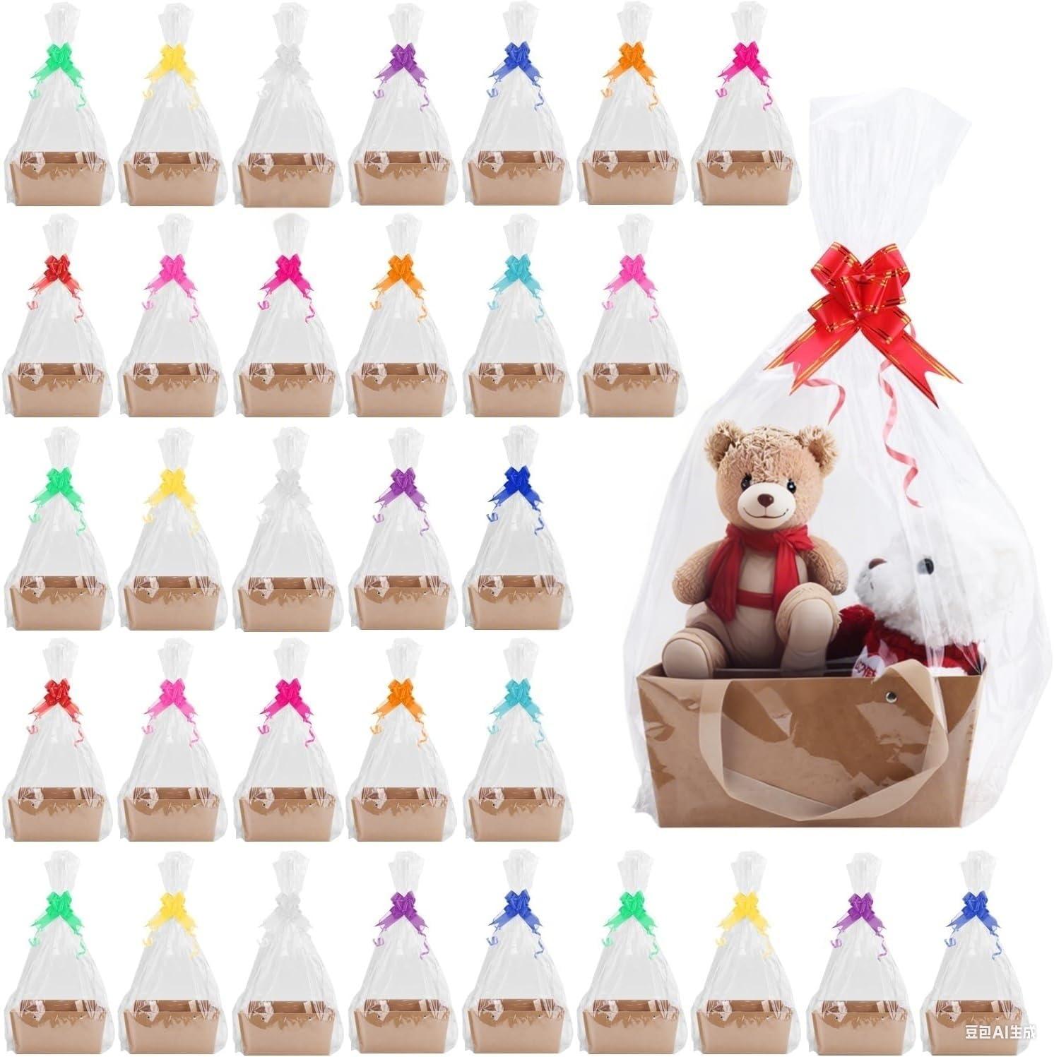 32 Pcs Brown Basket for Gifts Empty DIY Bulk Party Gift Basket Kit with Handles with 32 Bag 32 Bow Market Tray for Gift Packages Wrapping Anniversary Birthday Wedding Party Gift(12 x 9 x 5.7 In)