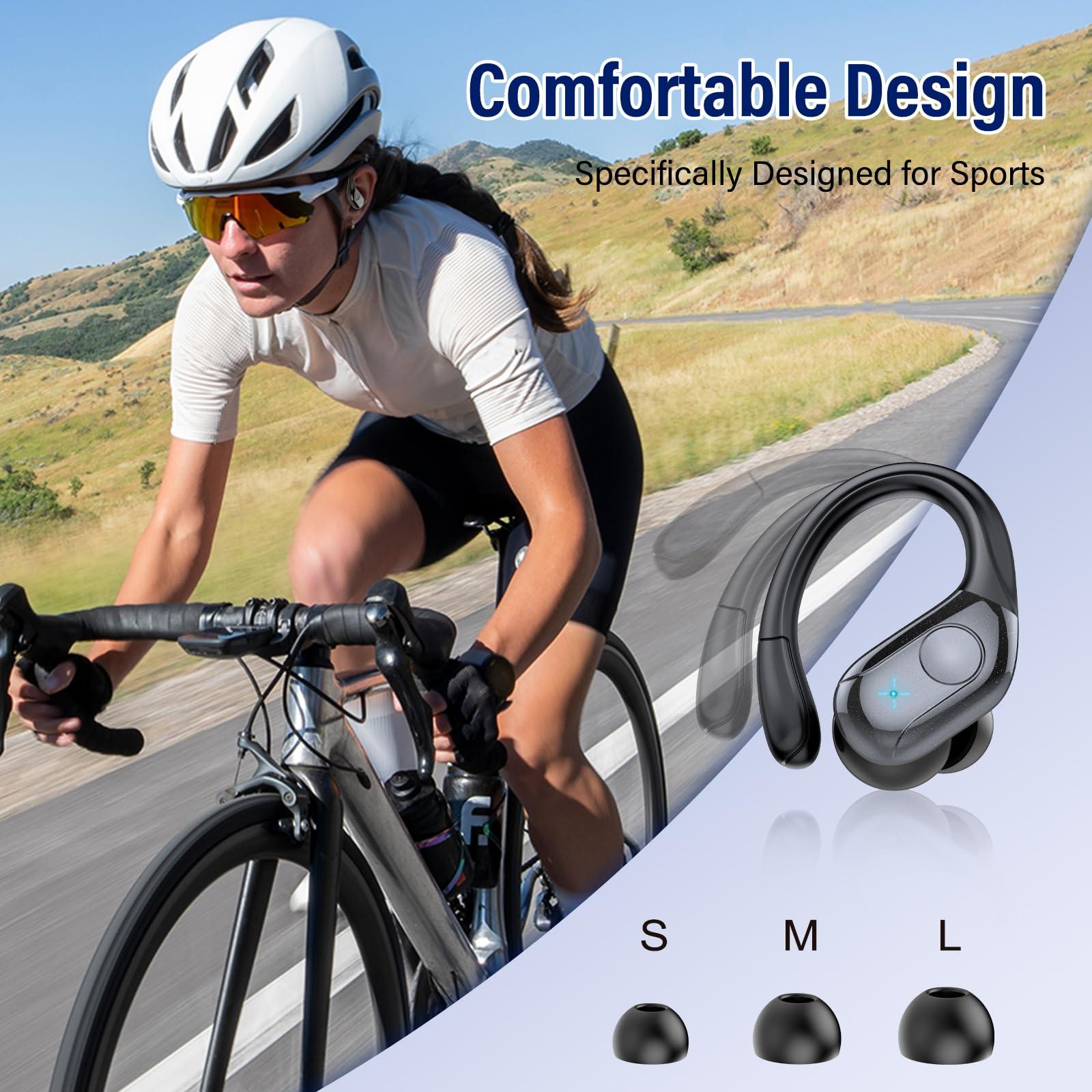 Qecnato Wireless Earbuds Bluetooth 5.4 Headphones Sports, 75H Stereo Deep Bass Over Ear Buds with Earhooks, Bluetooth Earbuds with 4 ENC Mic, LED Display, IP7 Waterproof Earphone for Running, Black - Image 6