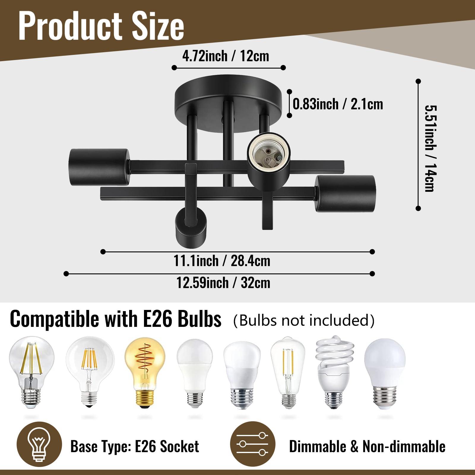Ceiling Light, Dining Room Light Fixture with E26 Base, Semi Flush Mount Ceiling Light Fixture, Kitchen Lighting Fixtures Ceiling, 4-Light Matte Black Chandelier for Bedroom - Image 6