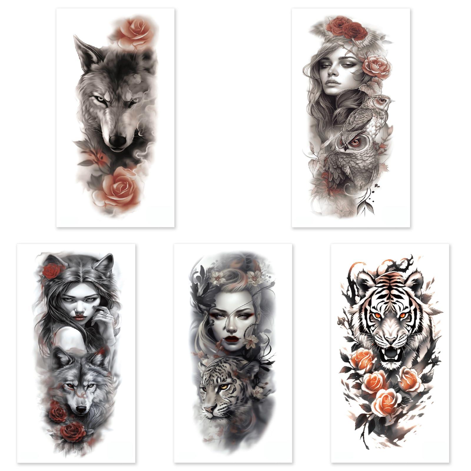 Aivoch Aivoch 10 Sheets Realistic Animals Temporary Tattoo for Men Women Adults, Wolf Tiger Rose Tattoos Stickers, Flowers Fake Tattoo Stickers, Body Art Half Arm Sleeve Tattoos (Animals) - Image 8